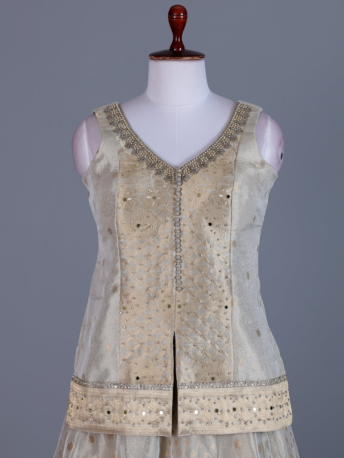 Beige jacquard embellished lehenga choli with tissue dupatta