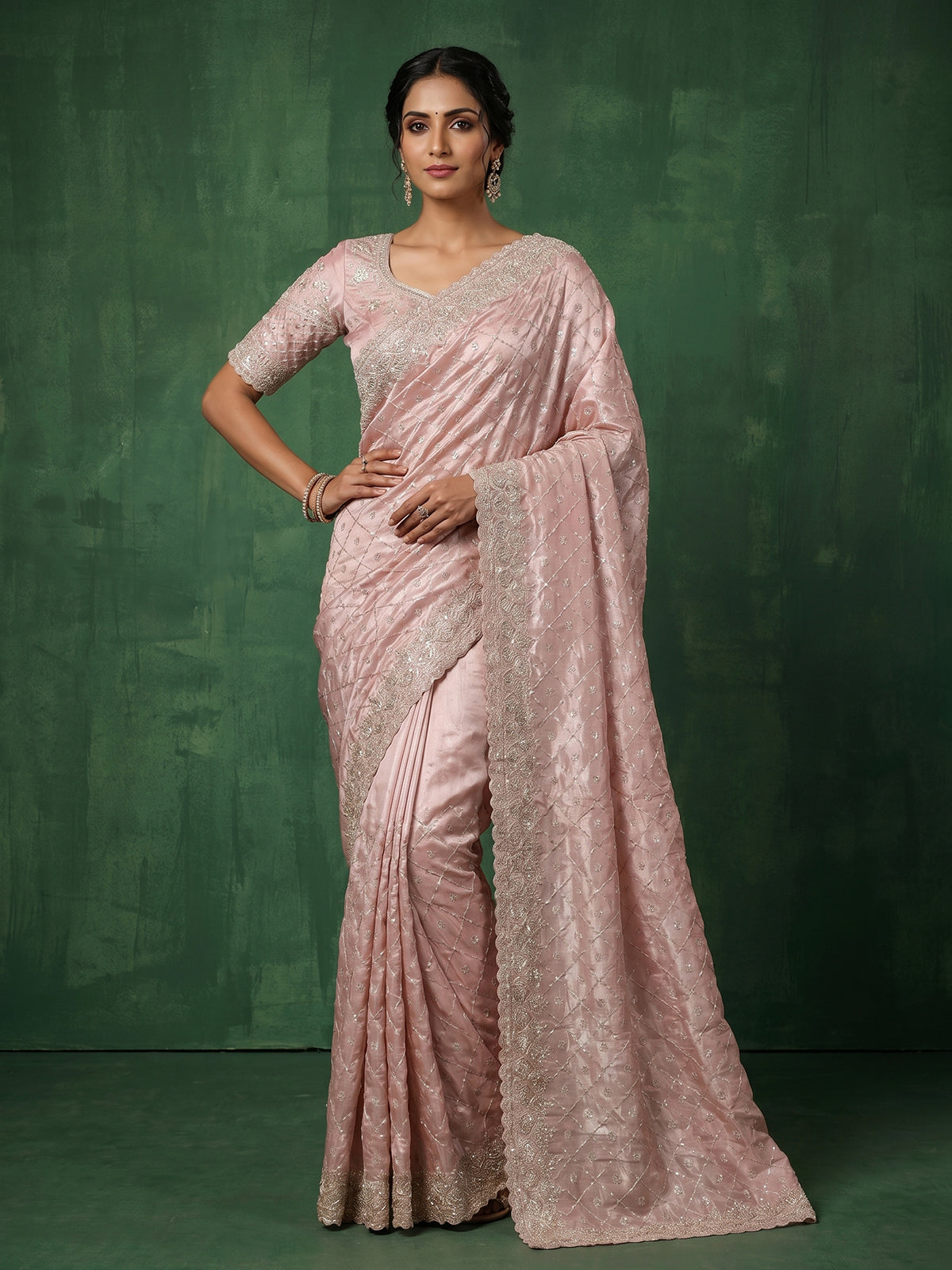 Peach tissue silk saree for wedding celebration