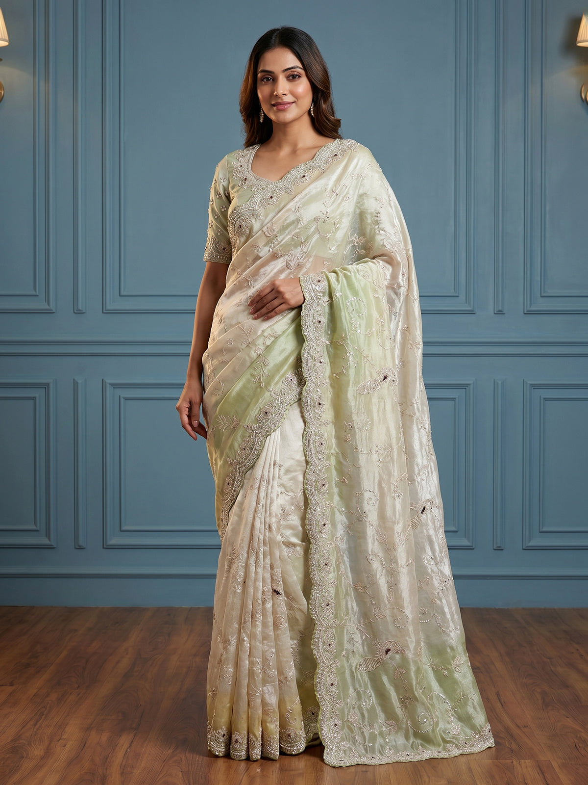 Off white tissue silk party wear saree
