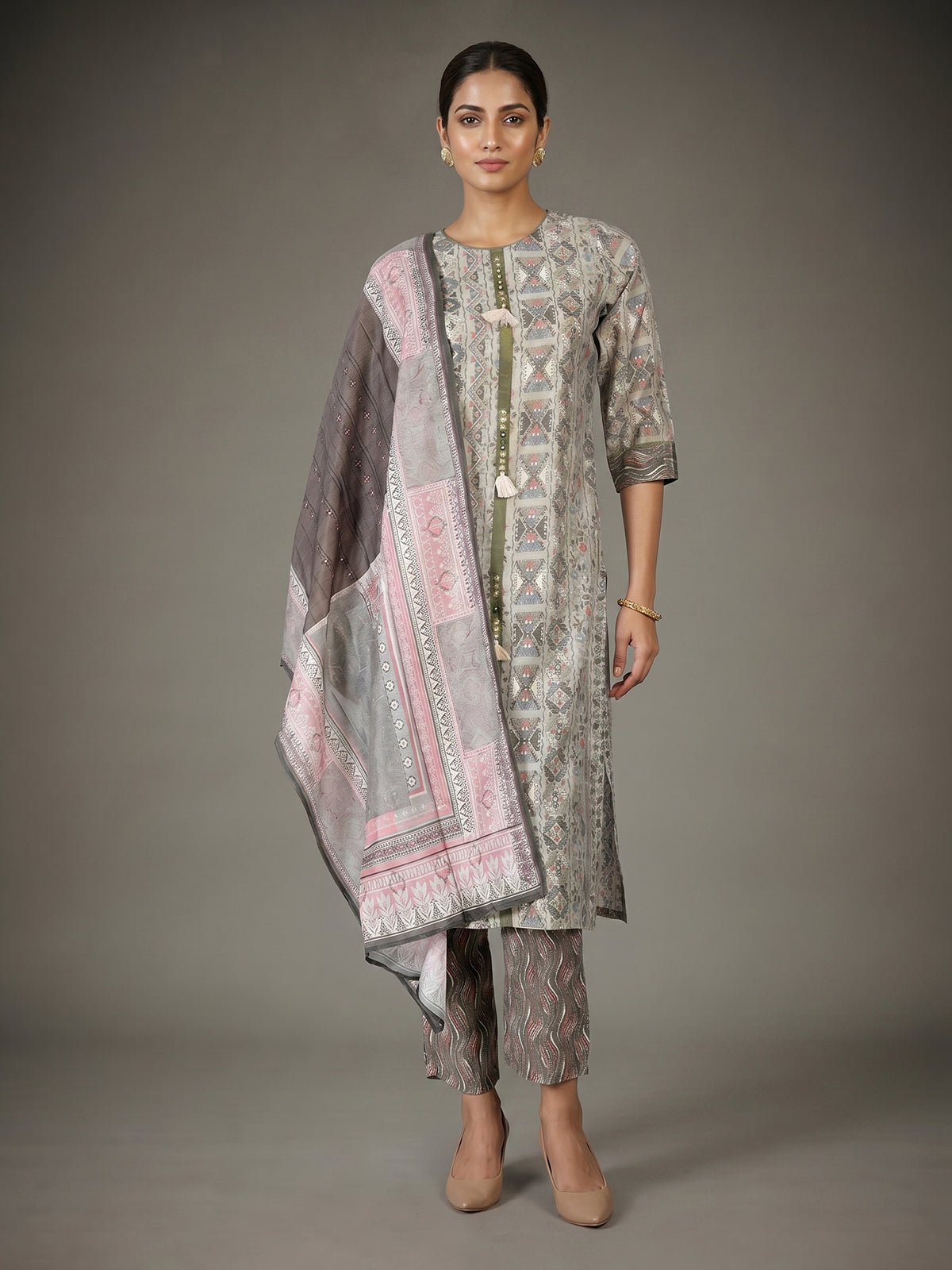 Beige cotton silk kurti set with printed dupatta