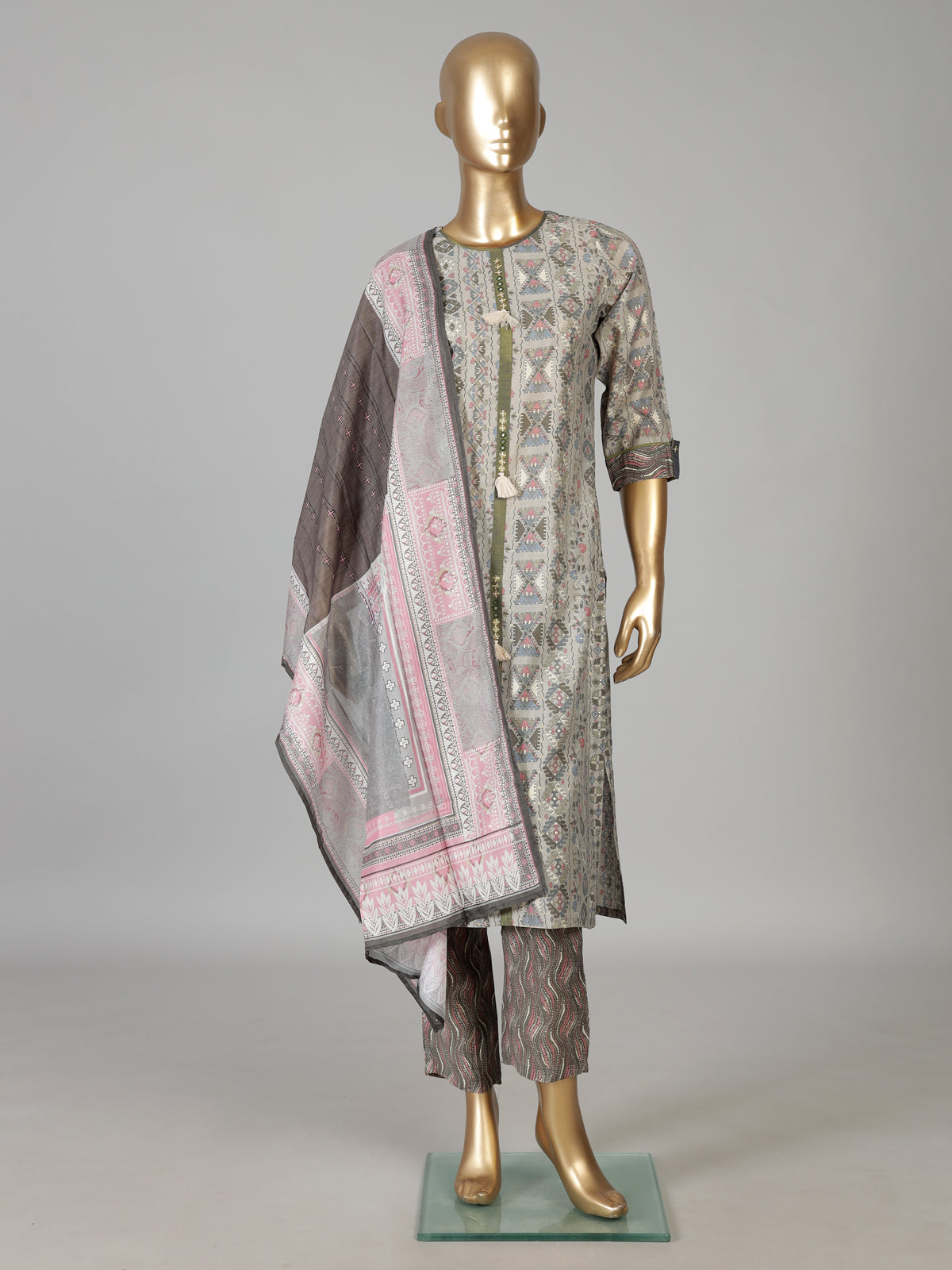 Beige cotton silk kurti set with printed dupatta