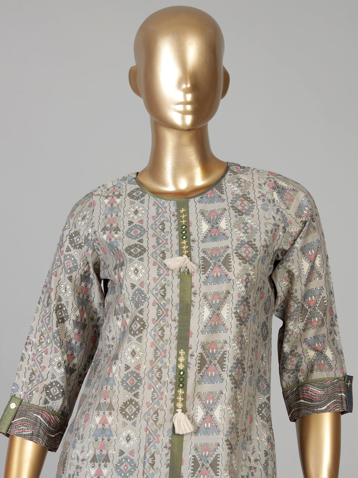 Beige cotton silk kurti set with printed dupatta