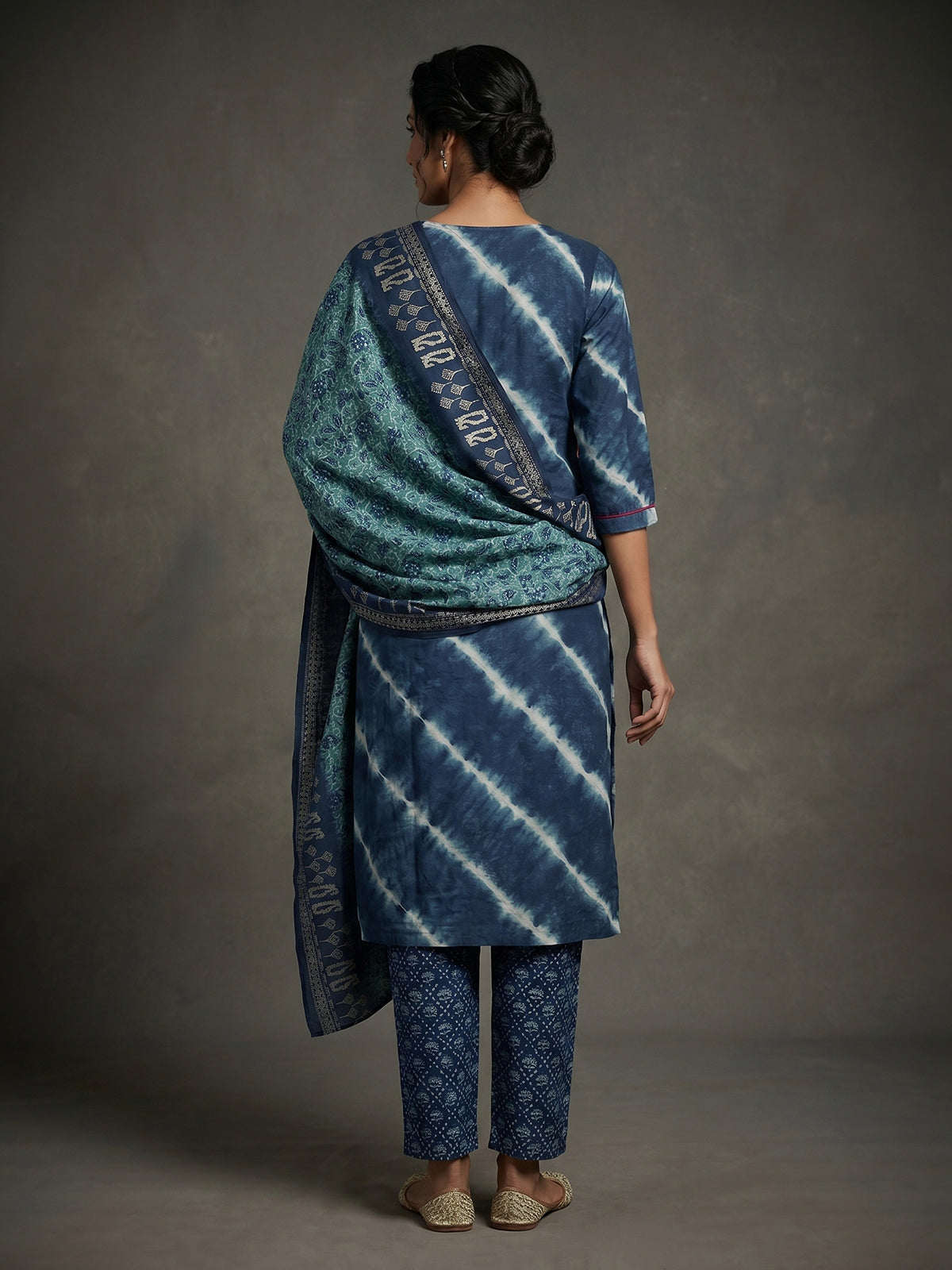 Navy cotton silk festive wear kurti set with print