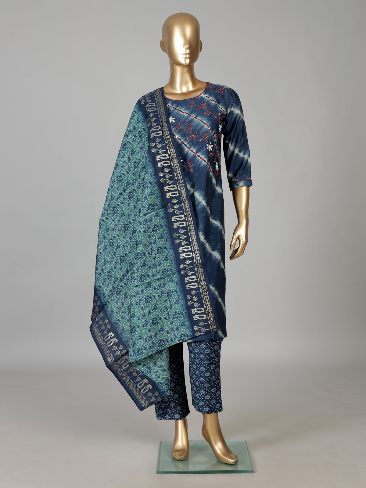 Navy cotton silk festive wear kurti set with print