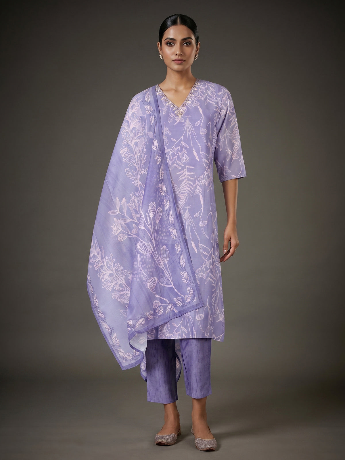 Light lavender cotton silk kurti set with printed dupatta
