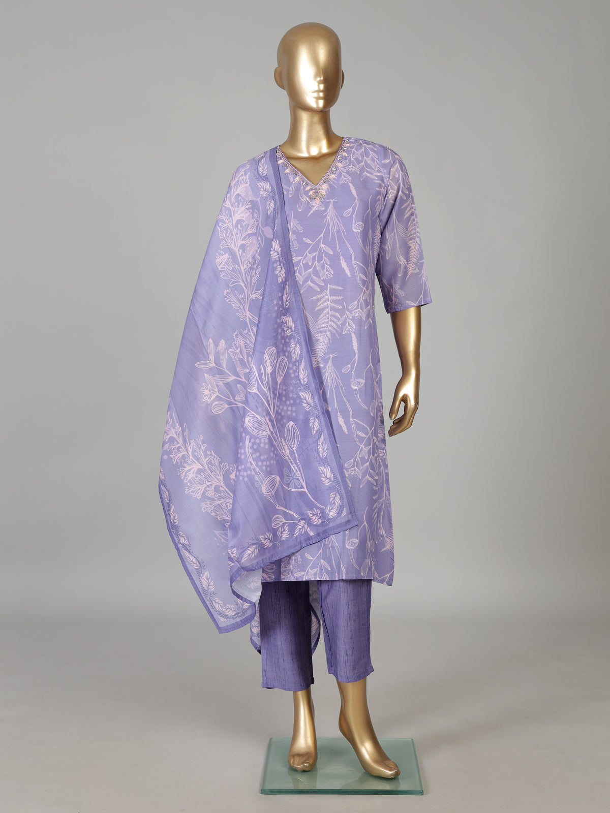 Light lavender cotton silk kurti set with printed dupatta
