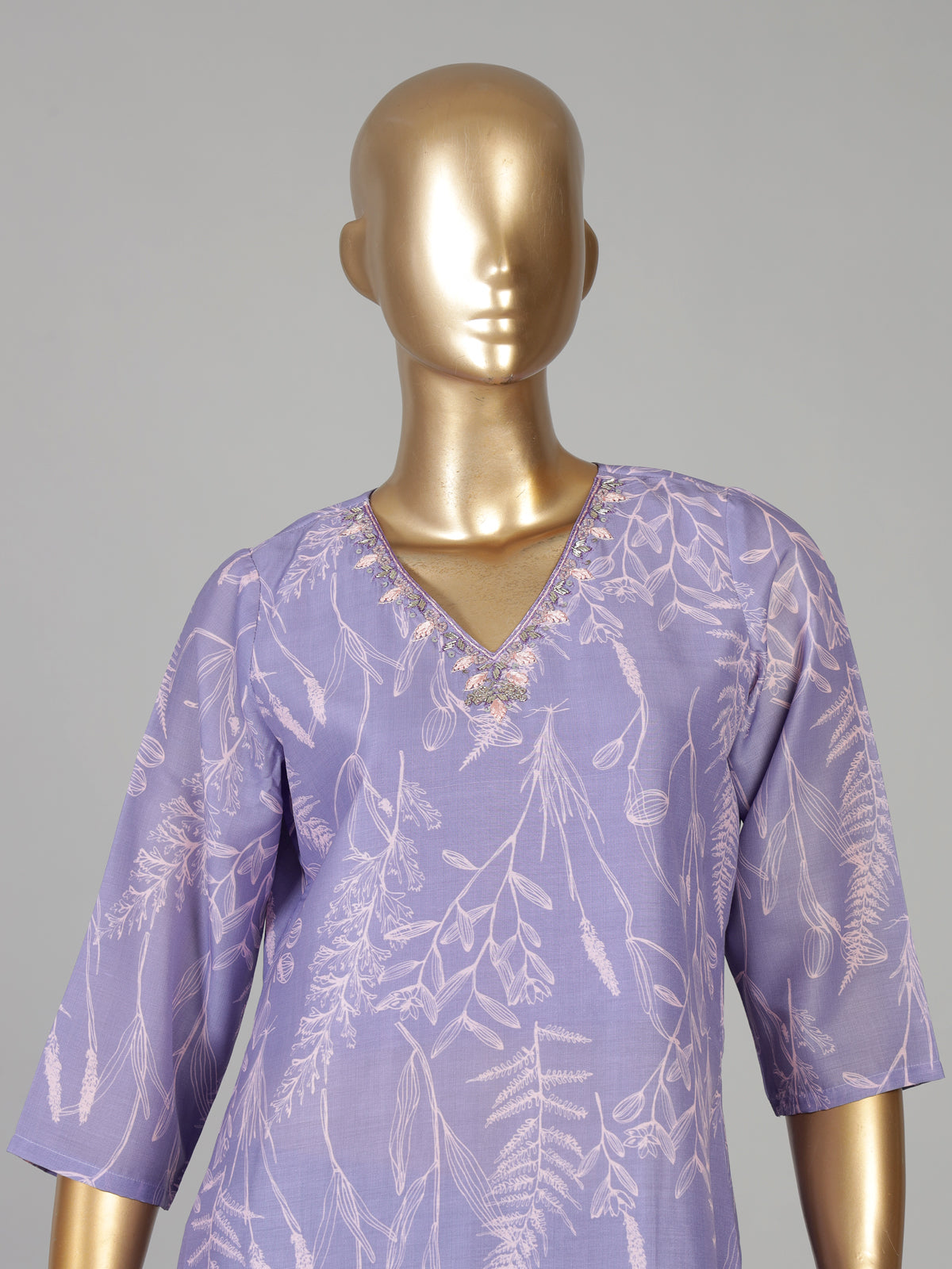 Light lavender cotton silk kurti set with printed dupatta