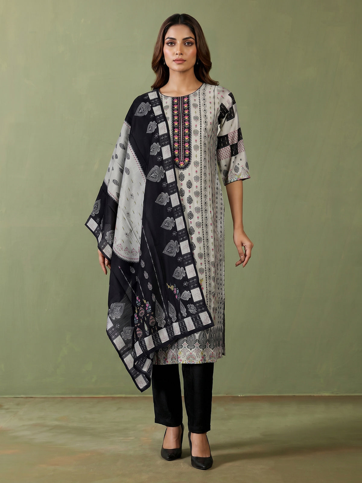 Dusty beige cotton silk kurti set with ethnic print