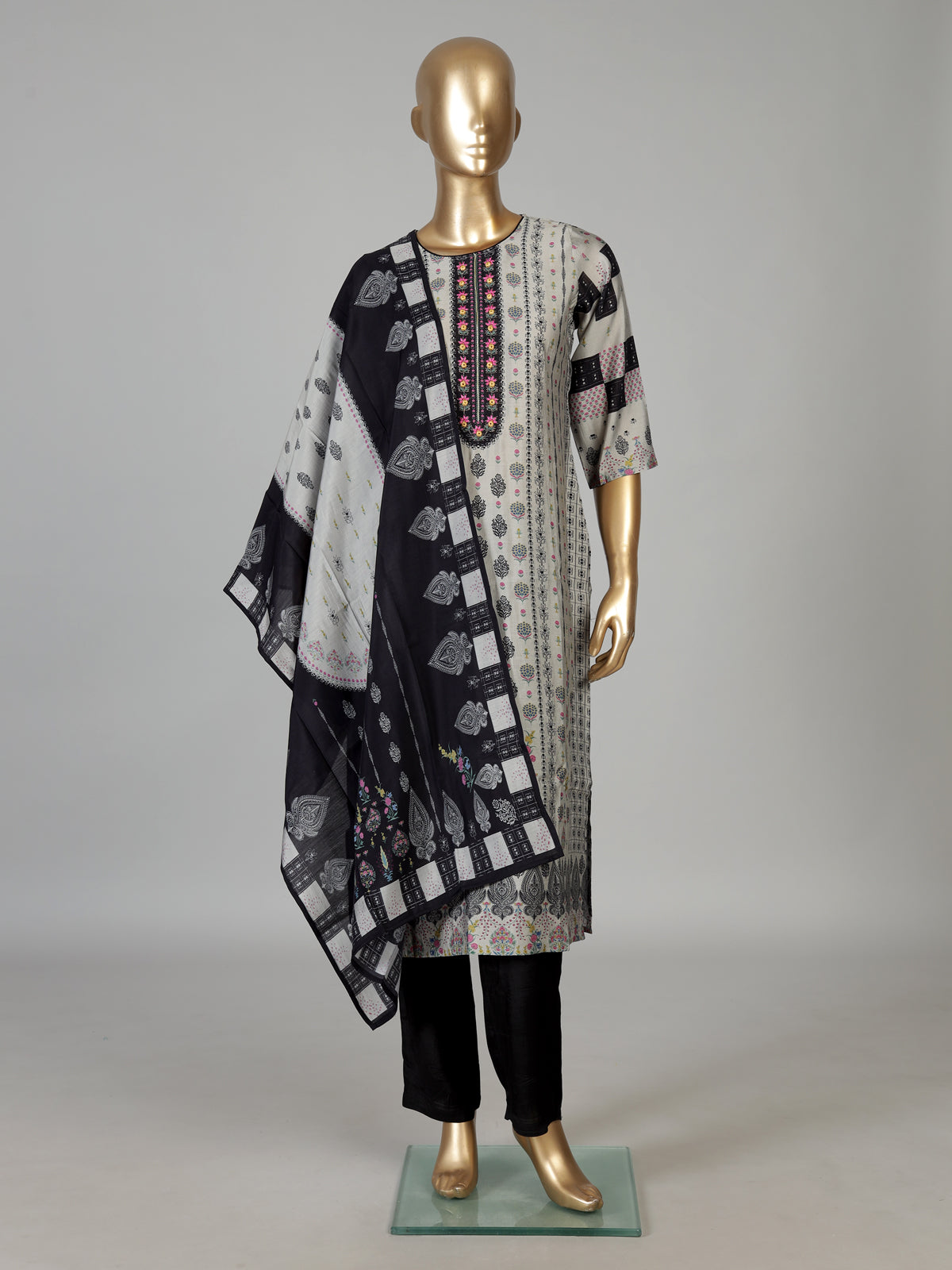 Dusty beige cotton silk kurti set with ethnic print