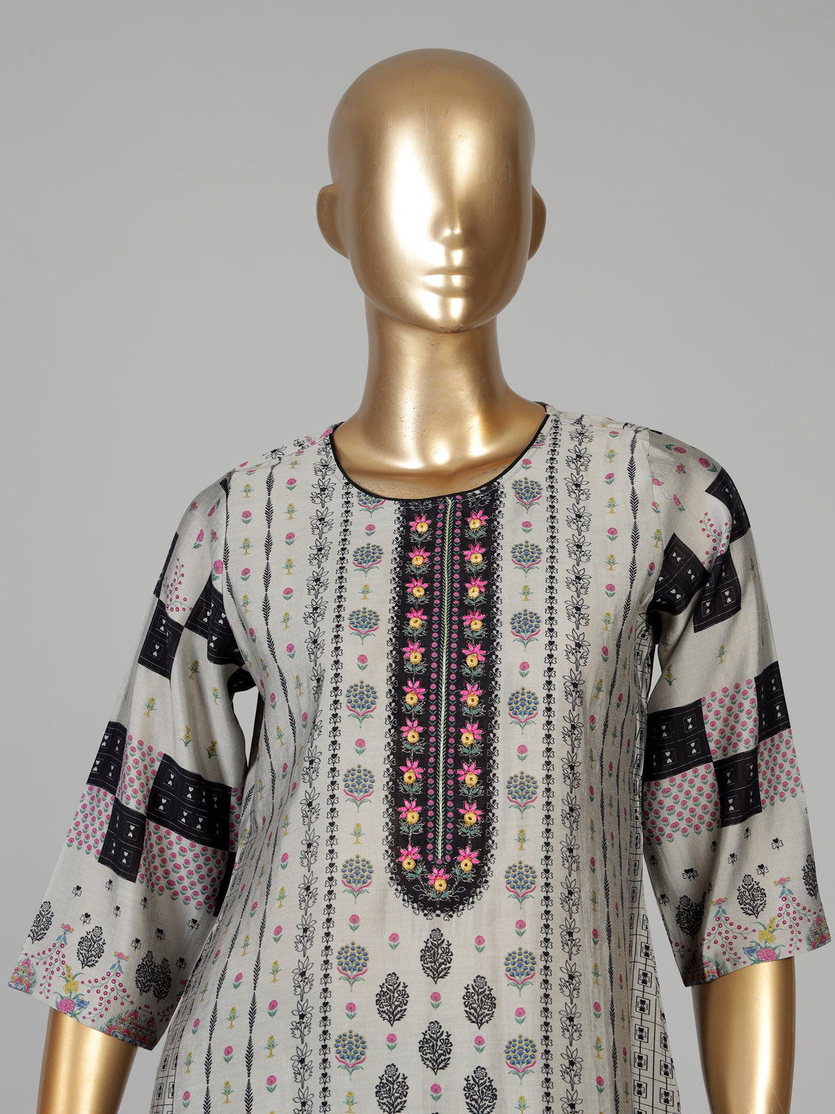 Dusty beige cotton silk kurti set with ethnic print