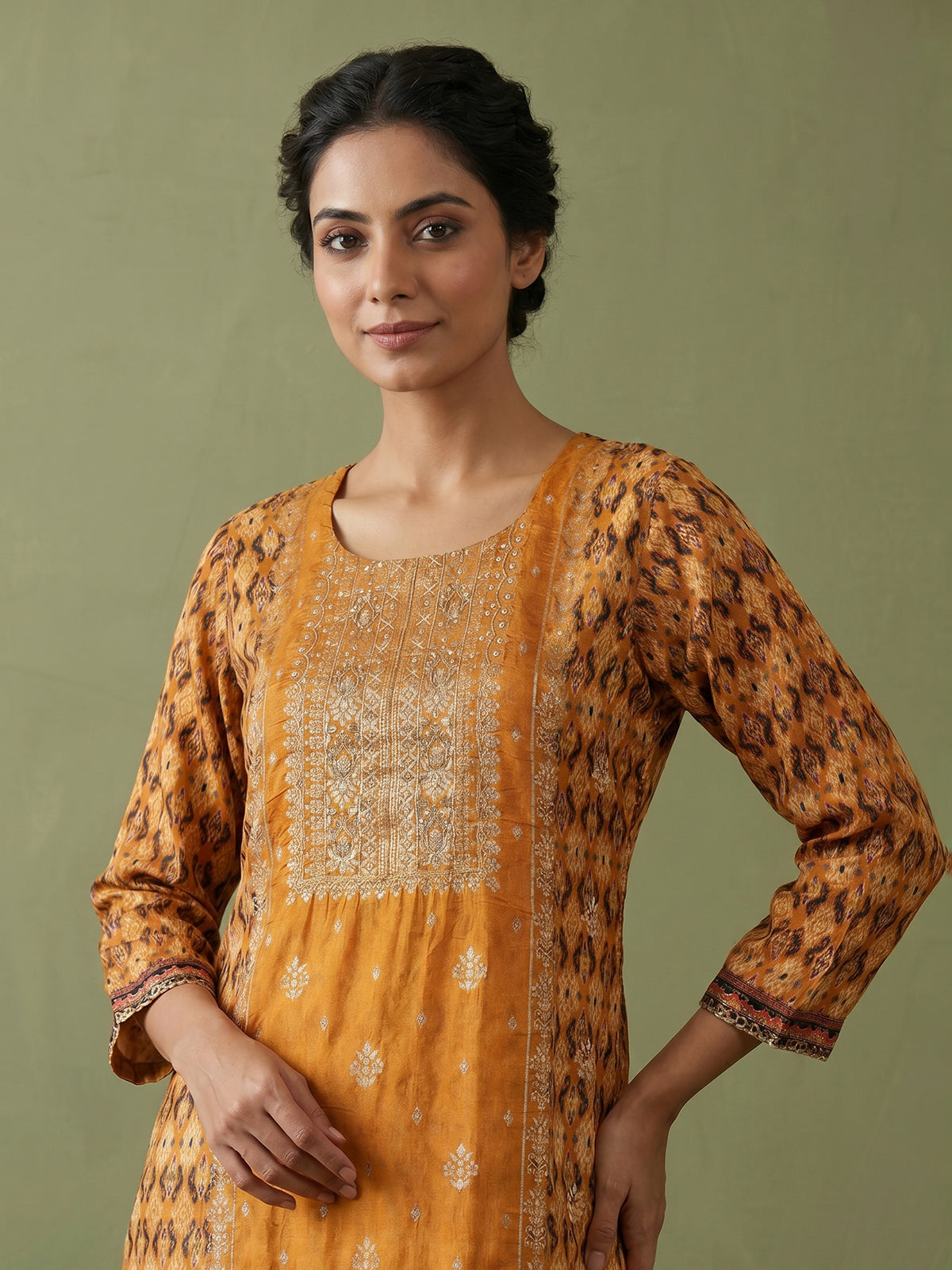 Mustard yellow silk printed kurti set with dupatta