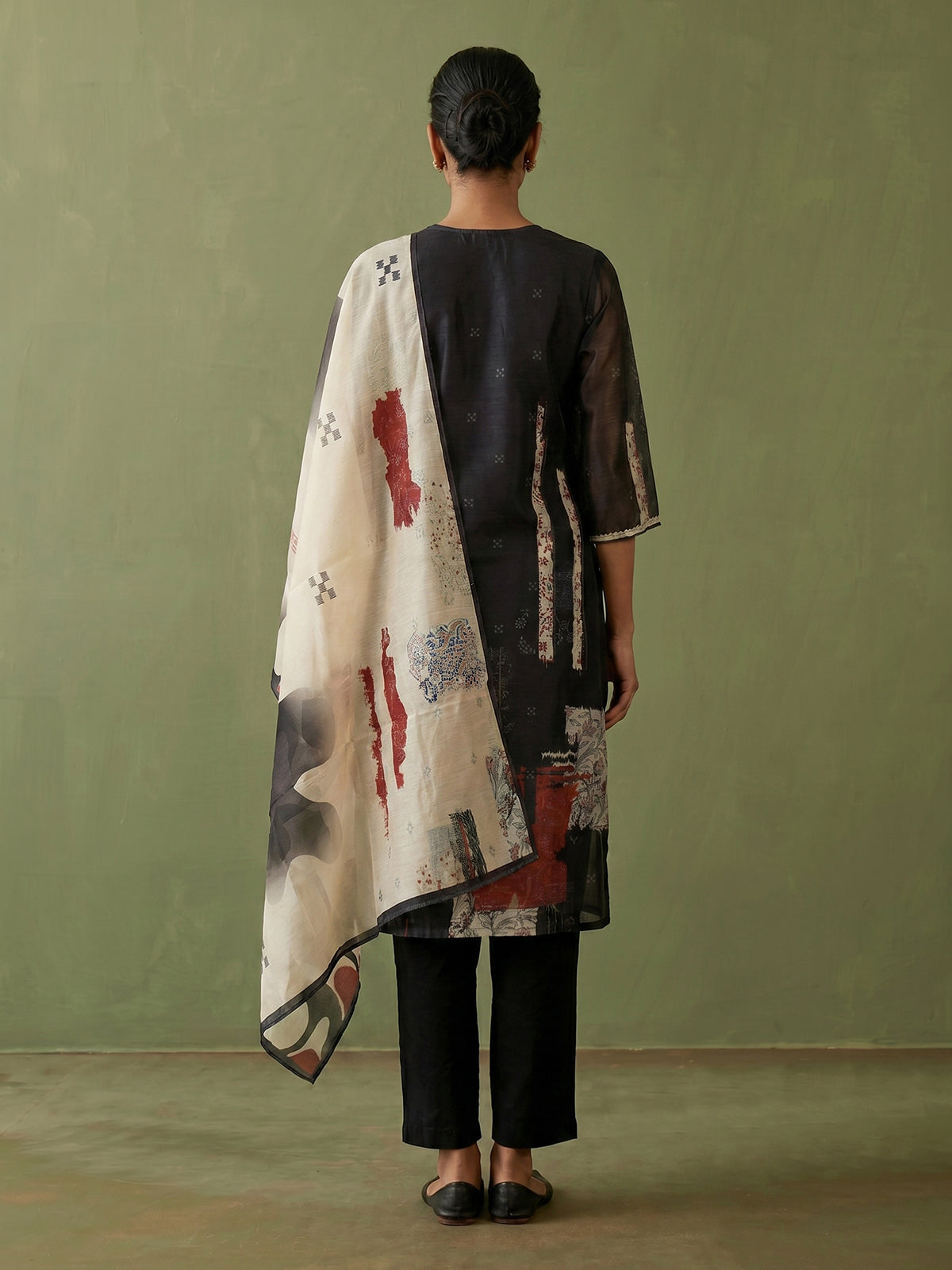 Black cotton silk festive kurti set with print