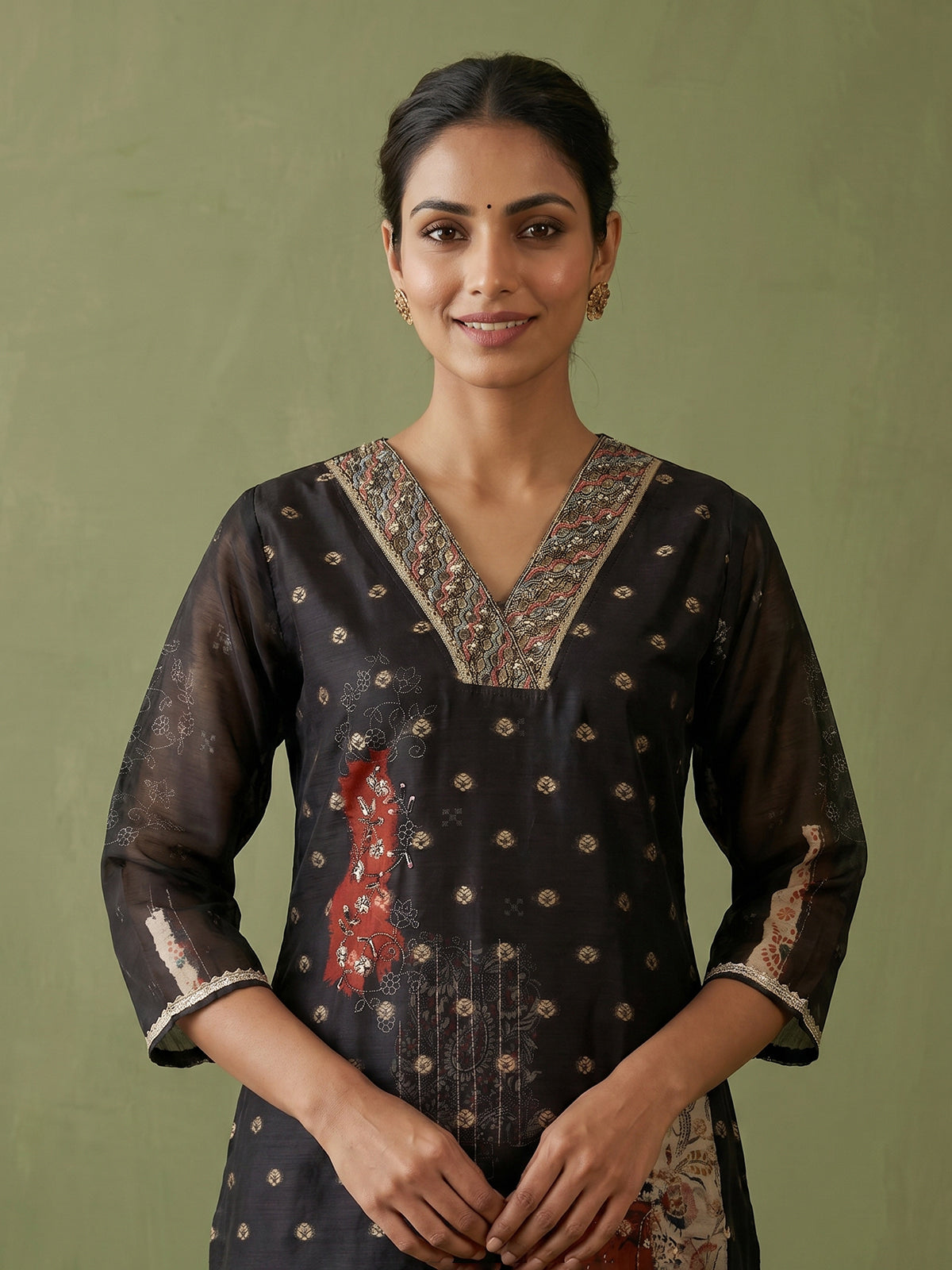 Black cotton silk festive kurti set with print