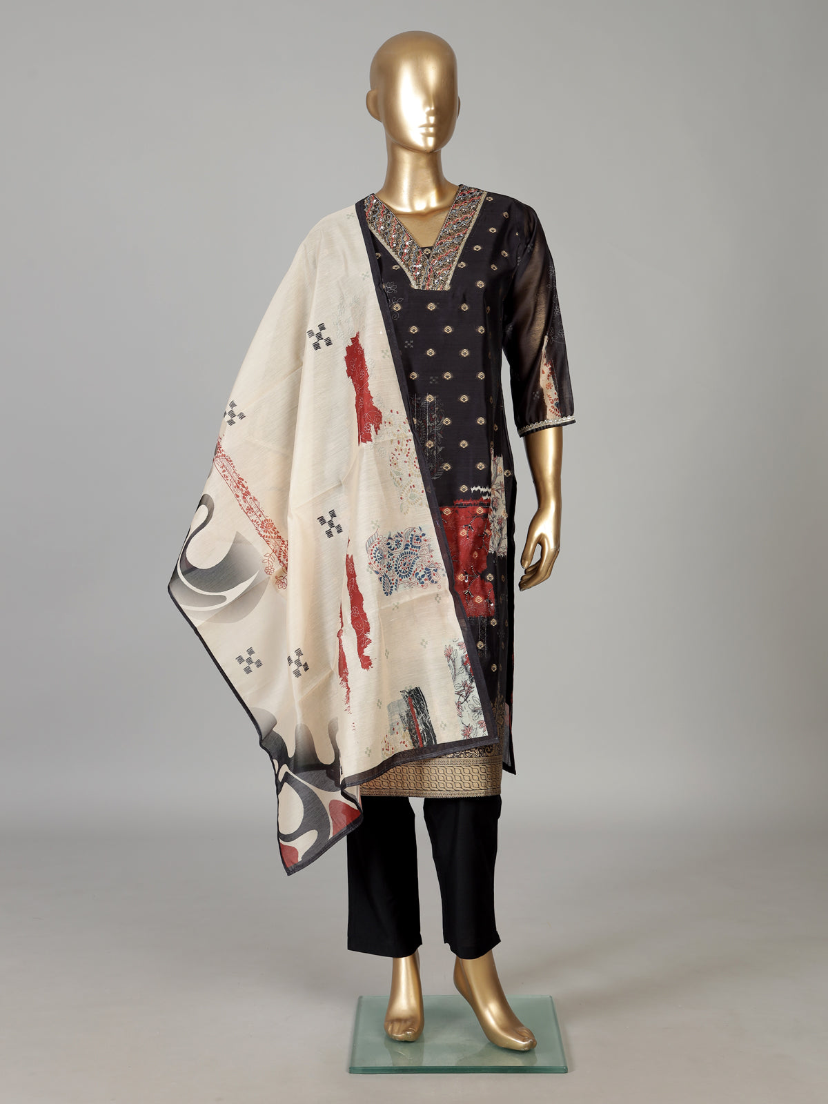 Black cotton silk festive kurti set with print