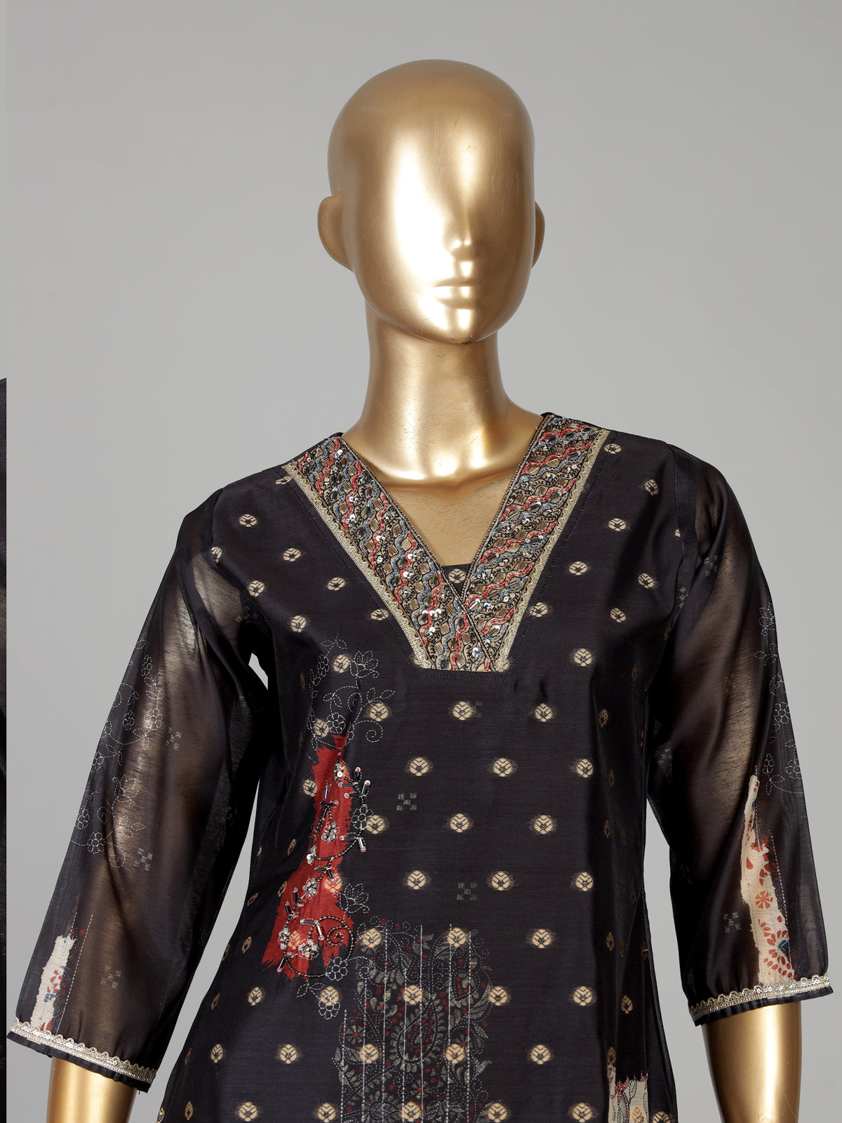 Black cotton silk festive kurti set with print