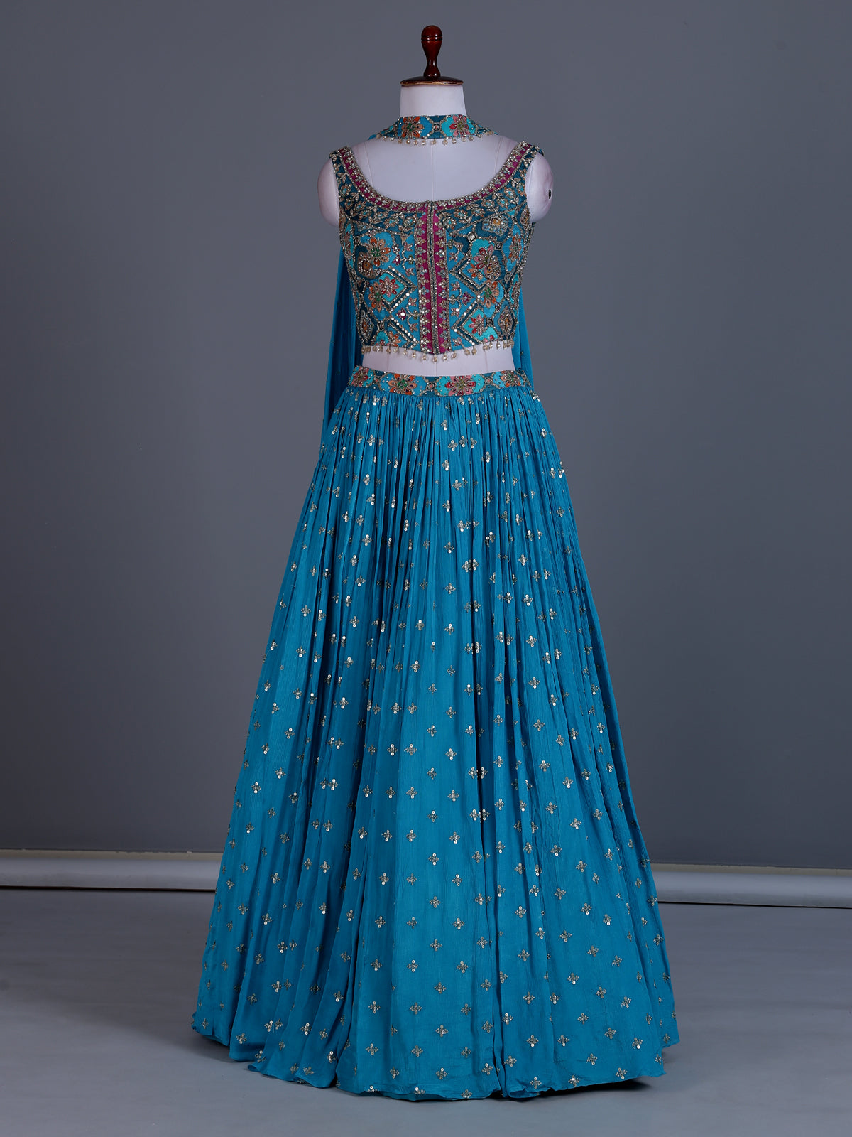 Aqua blue chiffon mirror work lehenga choli