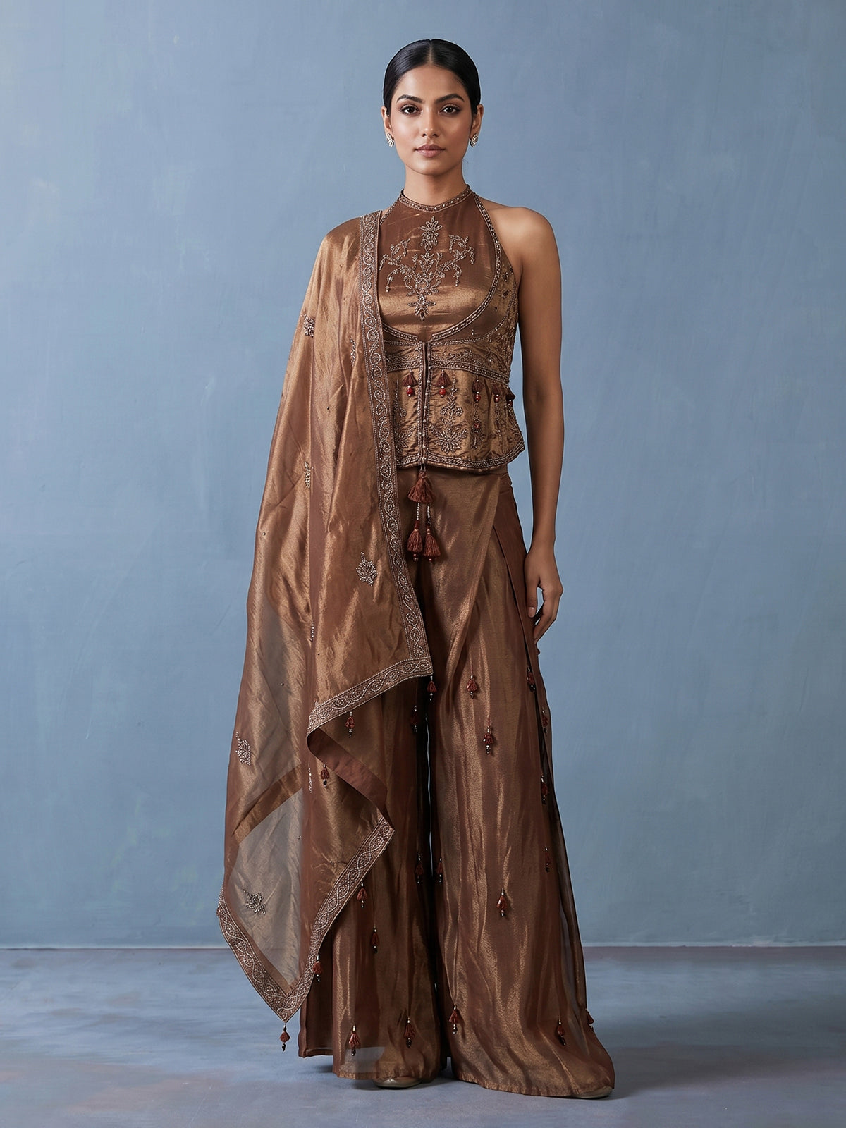 Brown tissue silk halter palazzo suit with dupatta