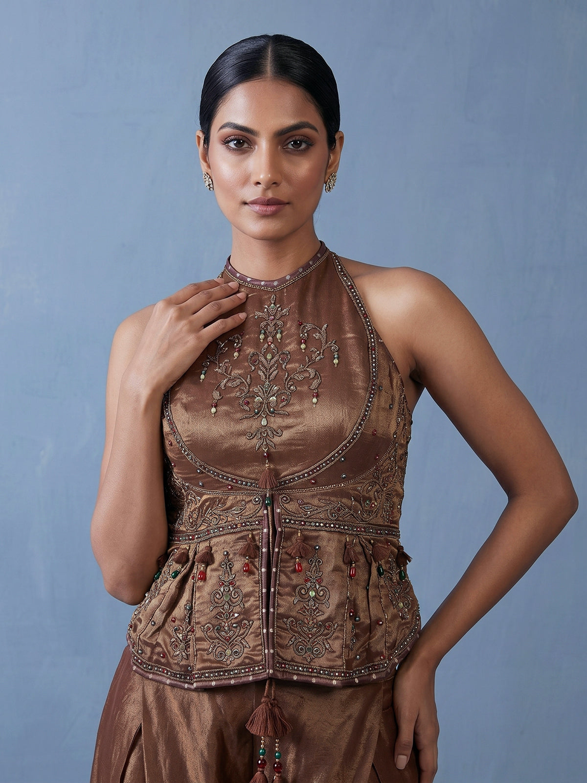 Brown tissue silk halter palazzo suit with dupatta