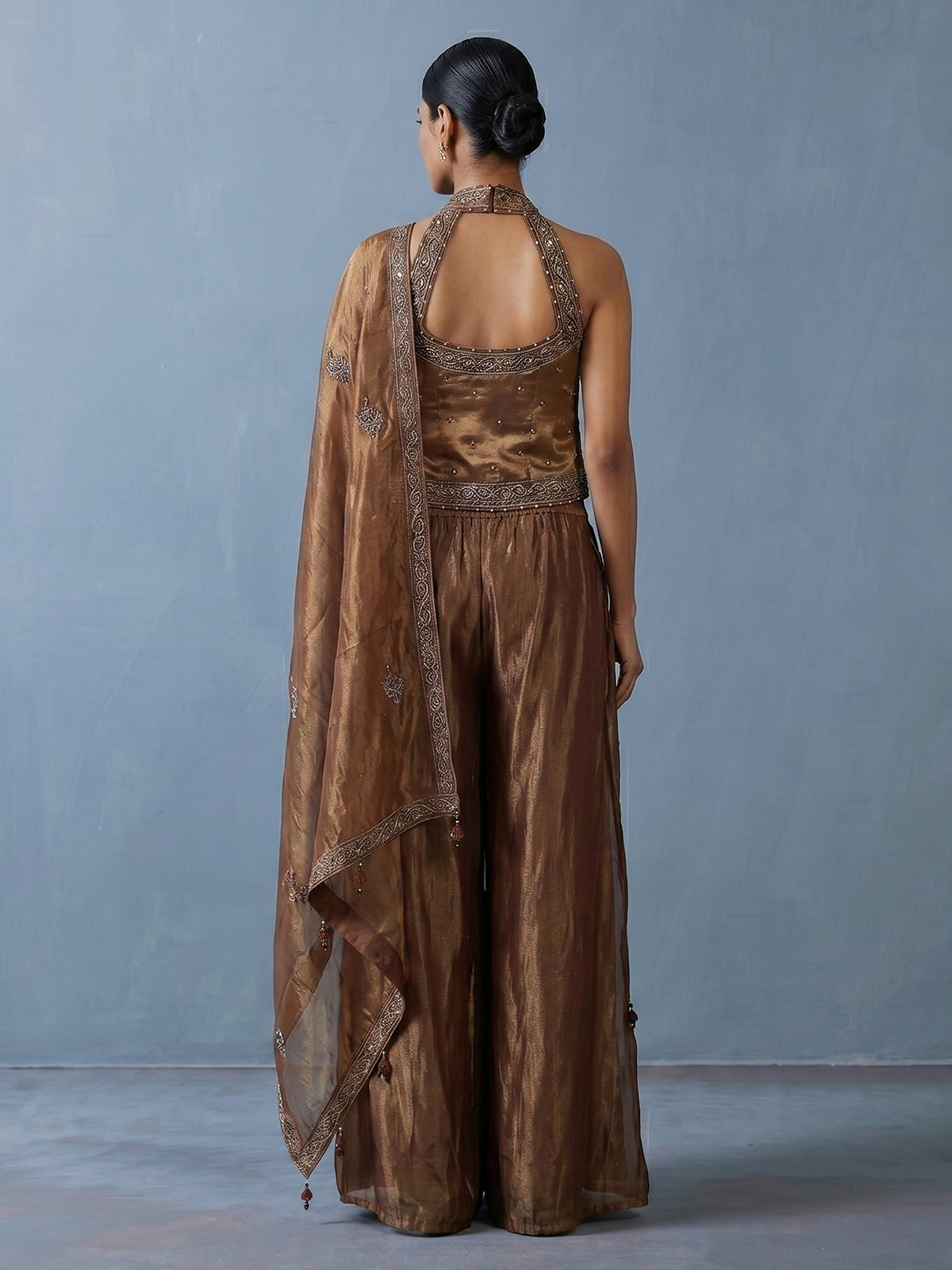 Brown tissue silk halter palazzo suit with dupatta