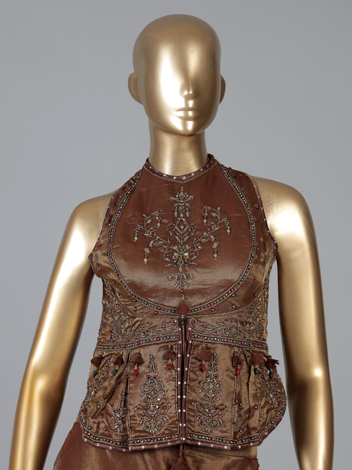 Brown tissue silk halter palazzo suit with dupatta