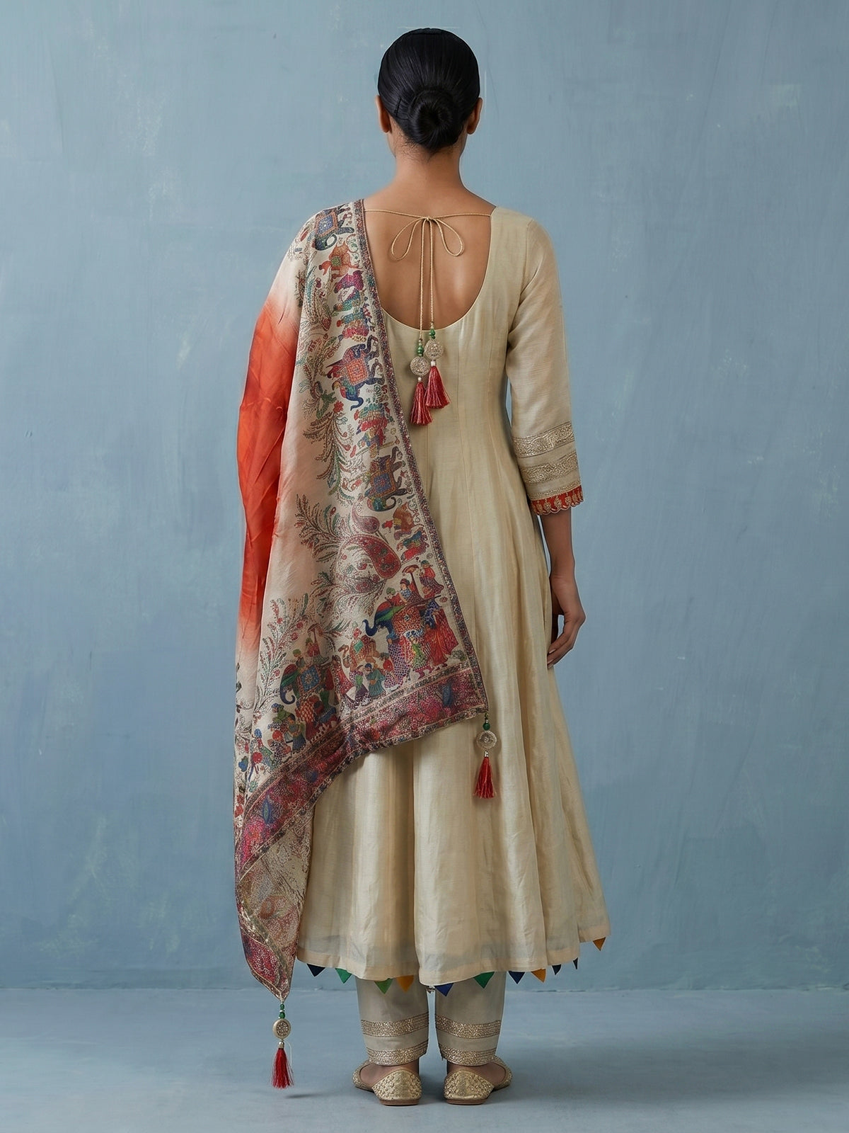 Cream tissue silk anarkali suit for wedding celebration