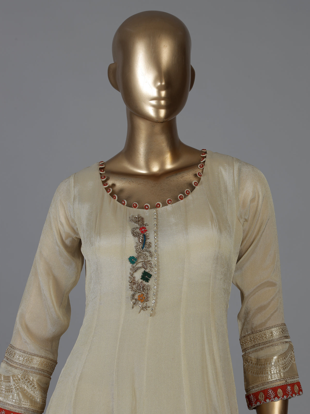 Cream tissue silk anarkali suit for wedding celebration