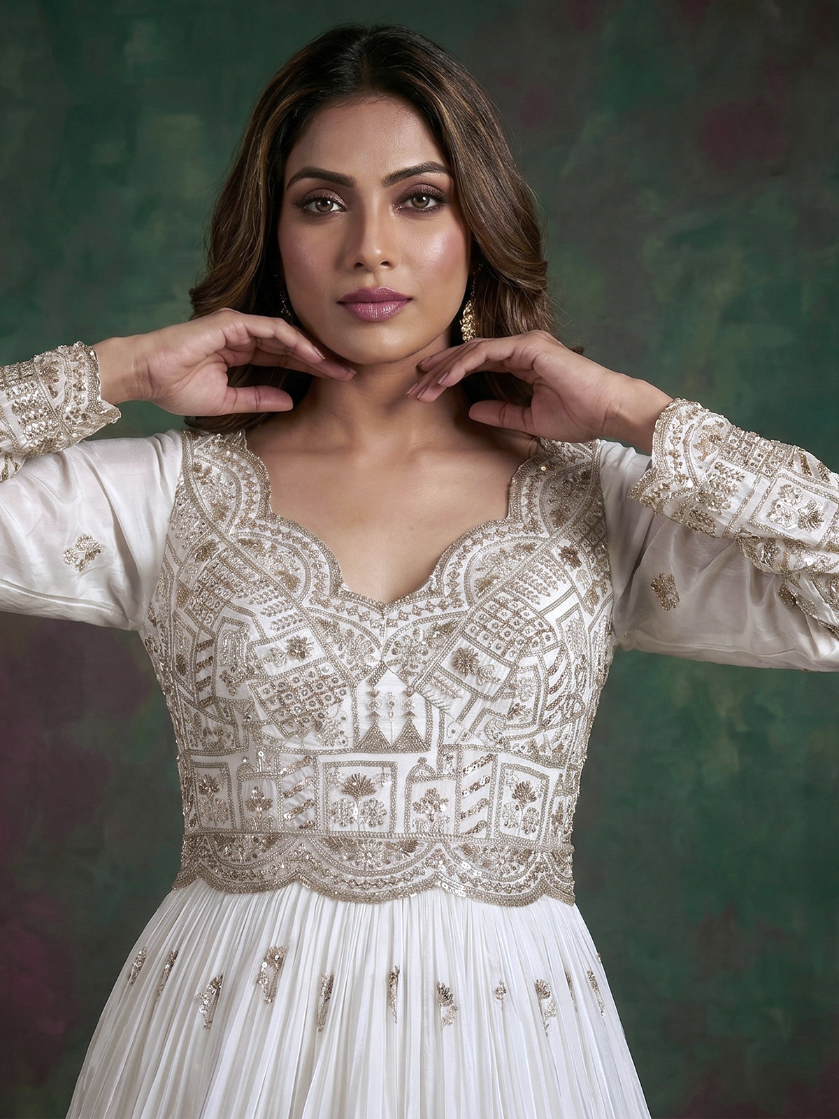 White silk embellished anarkali salwar suit for celebrations
