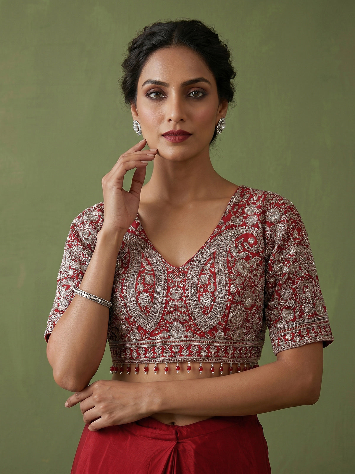 Maroon tissue silk designer saree with elegant embellishments