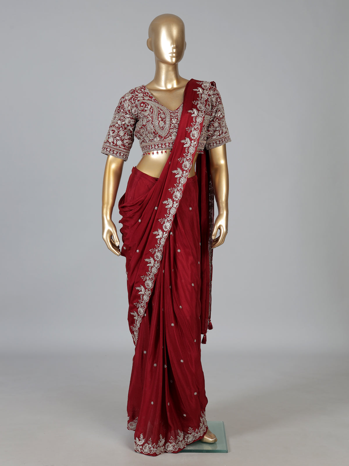 Maroon tissue silk designer saree with elegant embellishments