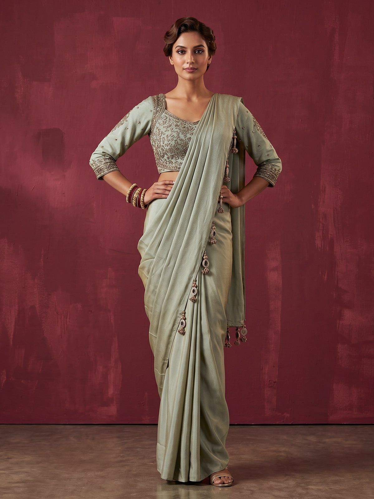 Pista green lycra designer ready to wear saree