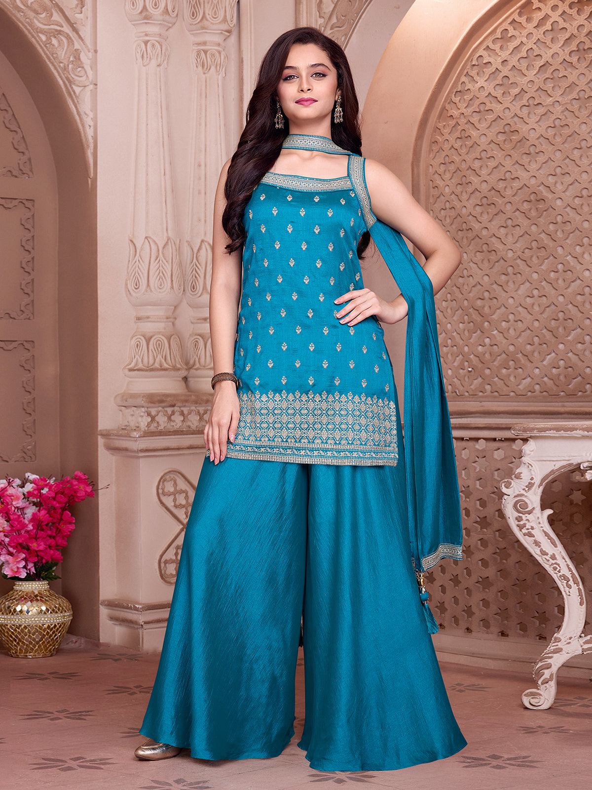 Blue crepe silk zardosi embellished palazzo set with dupatta