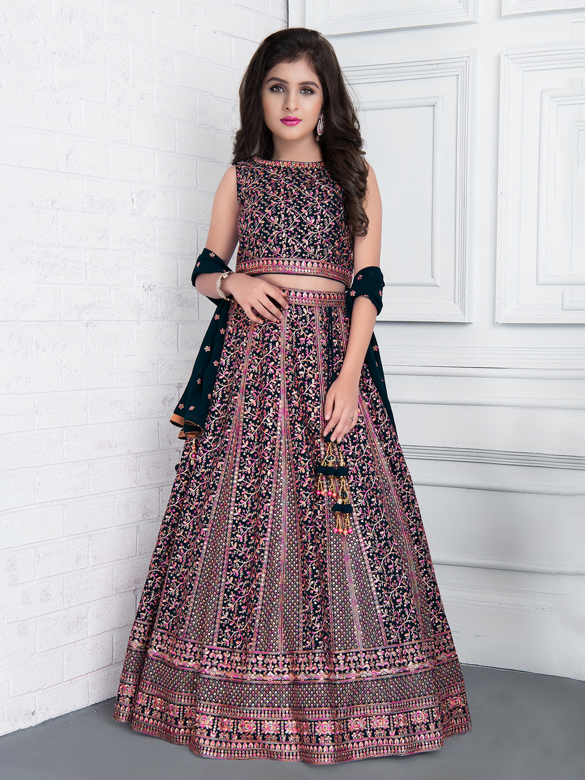 Navy art silk embroidered lehenga choli with dupatta