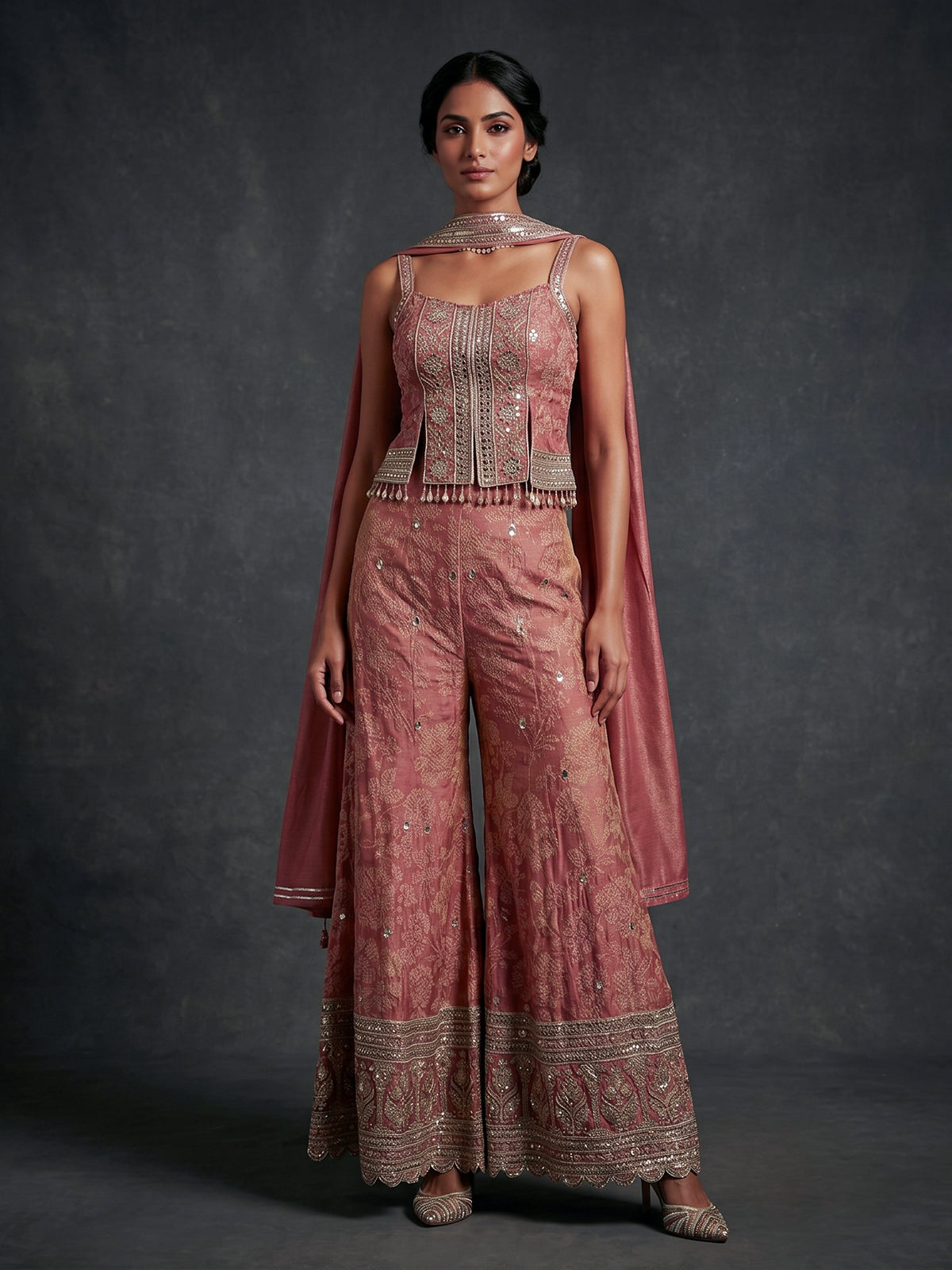 Onion pink floral designer palazzo suit with dupatta