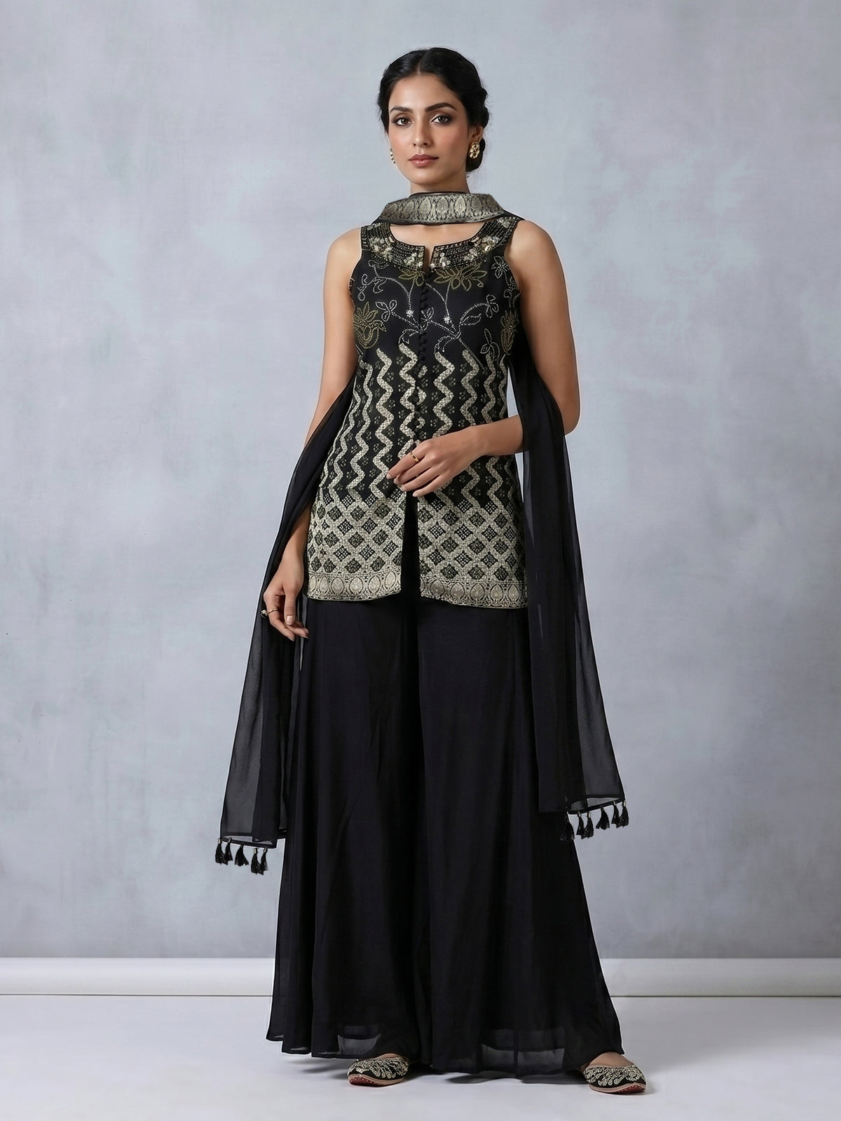 Black georgette silk embellished palazzo suit with dupatta