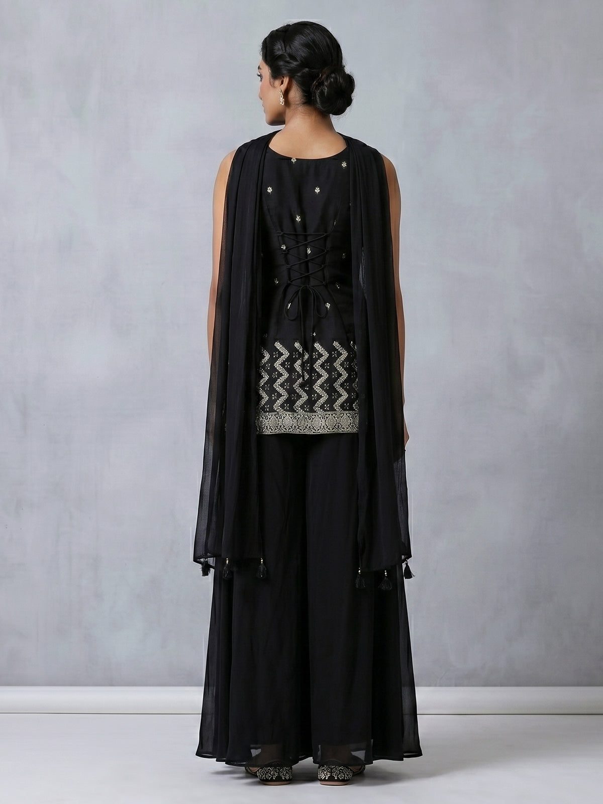 Black georgette silk embellished palazzo suit with dupatta