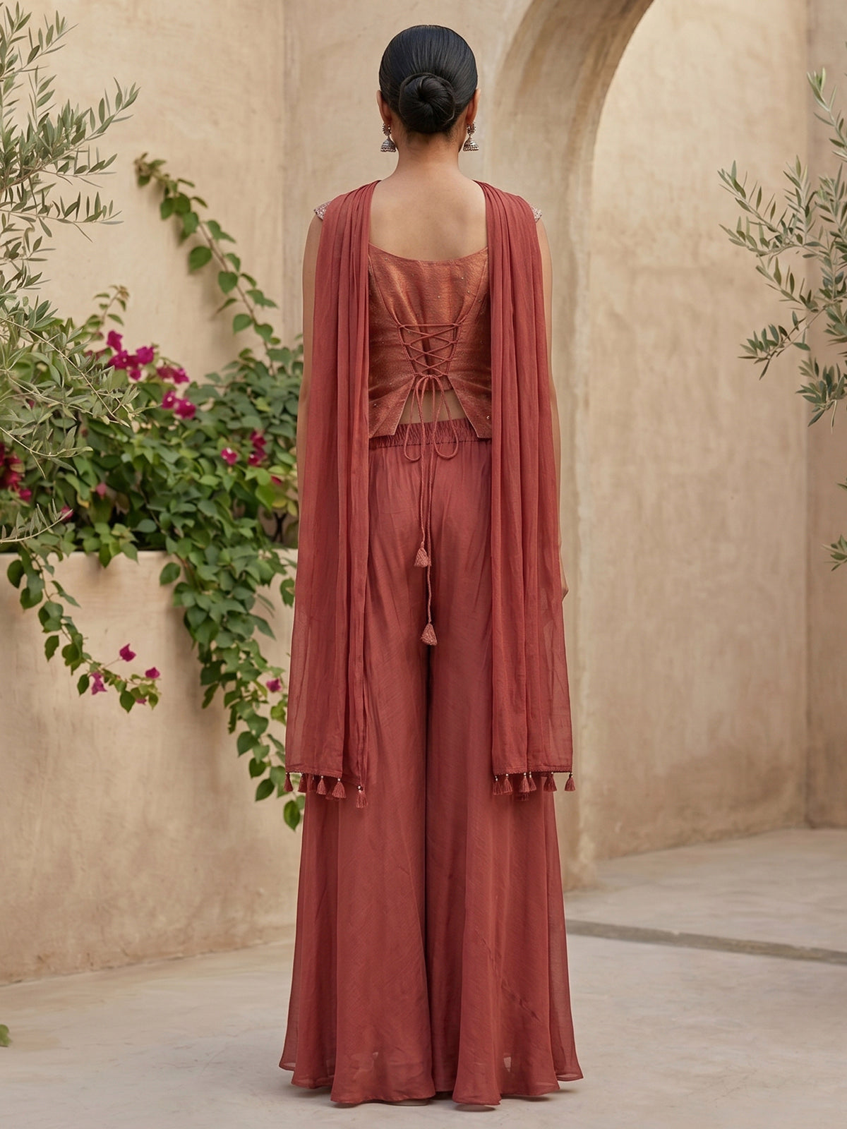 Onion pink satin silk designer palazzo suit