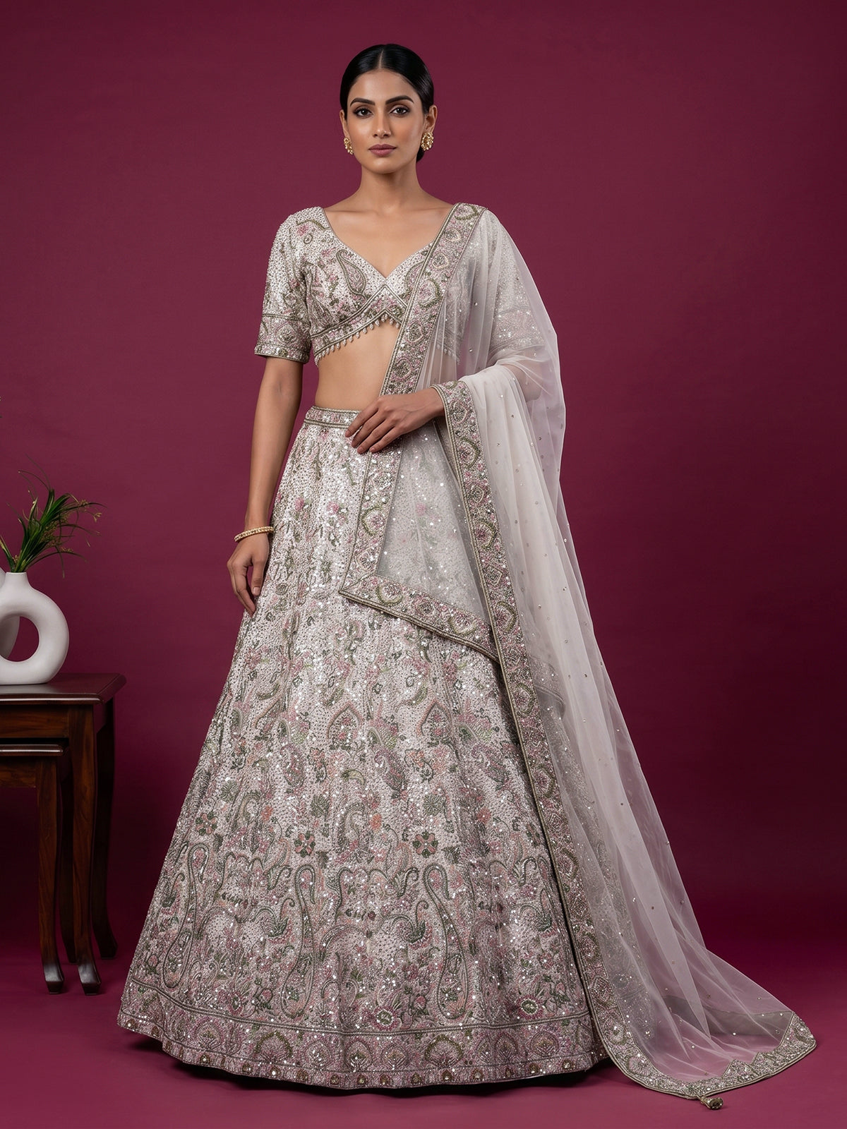 Off white georgette embroidered lehenga choli with dupatta