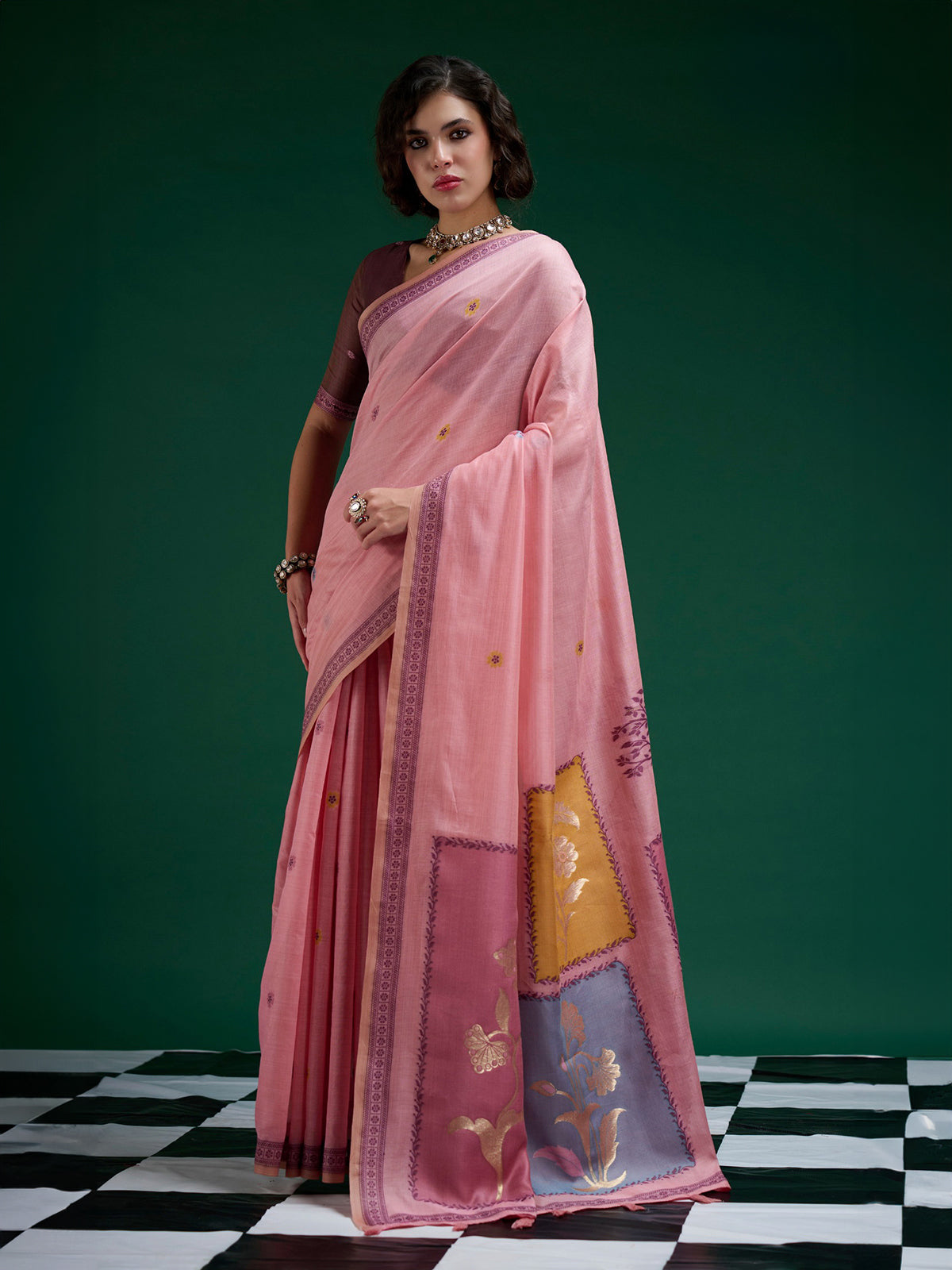 Pink jamdani cotton saree with graceful woven beauty