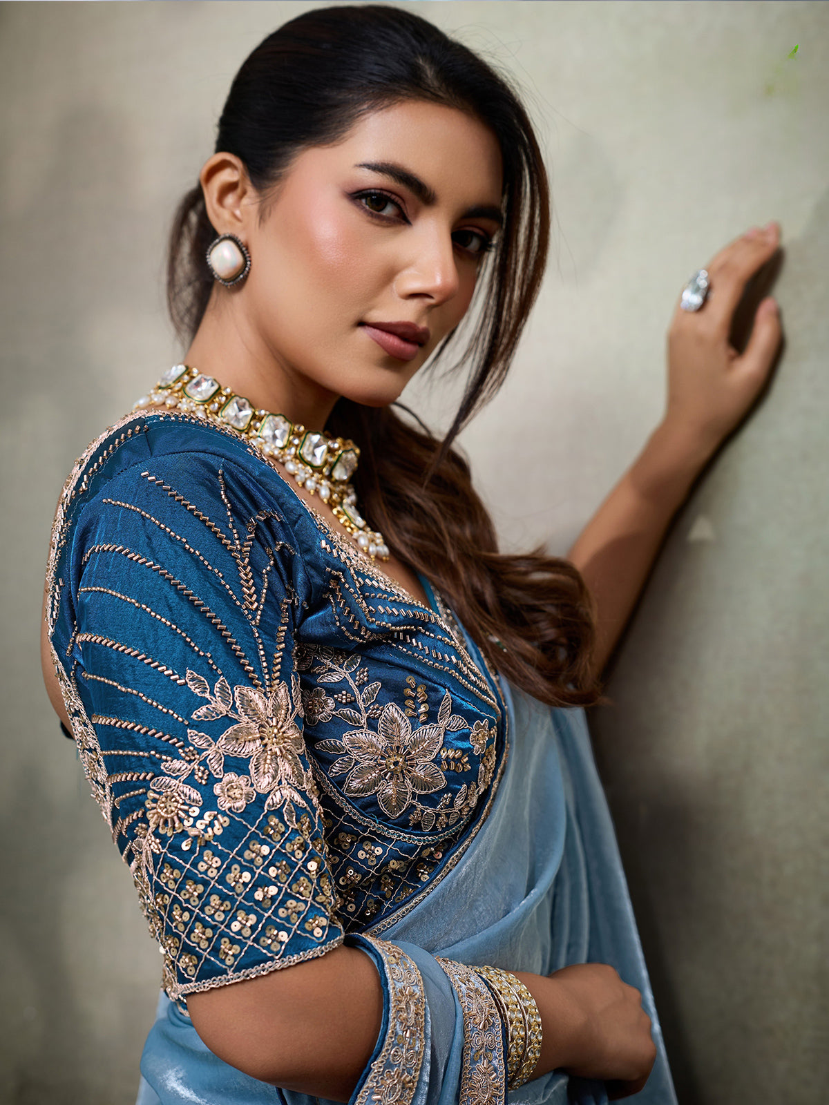 Sky blue satin saree with embroidered border