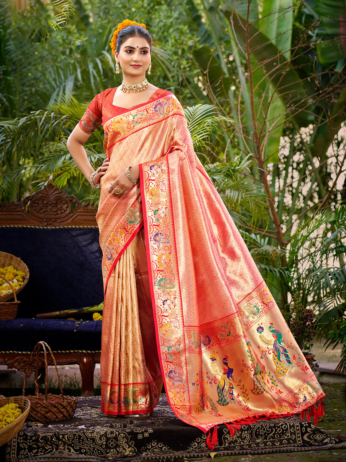 Regal pastel red meenakari zari kanchan silk saree