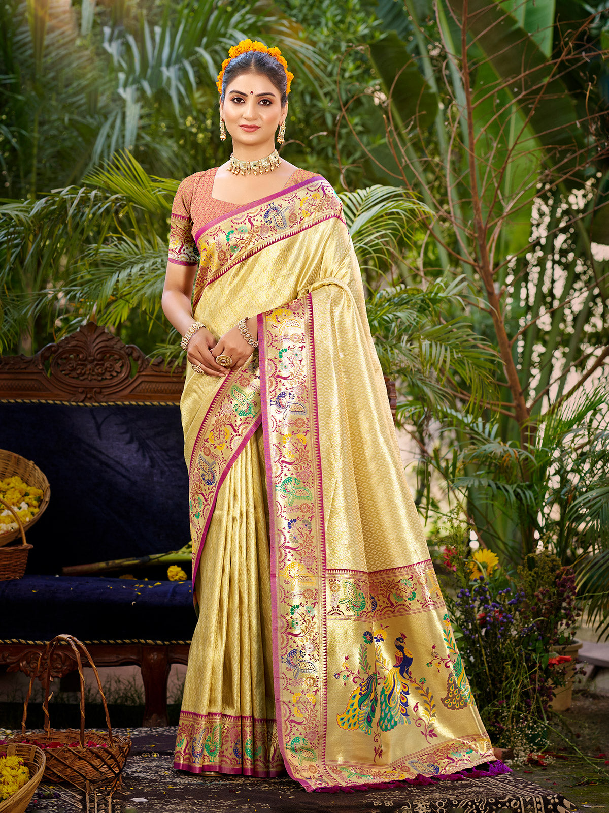 Timeless pastel beige meenakari zari kanchan silk saree