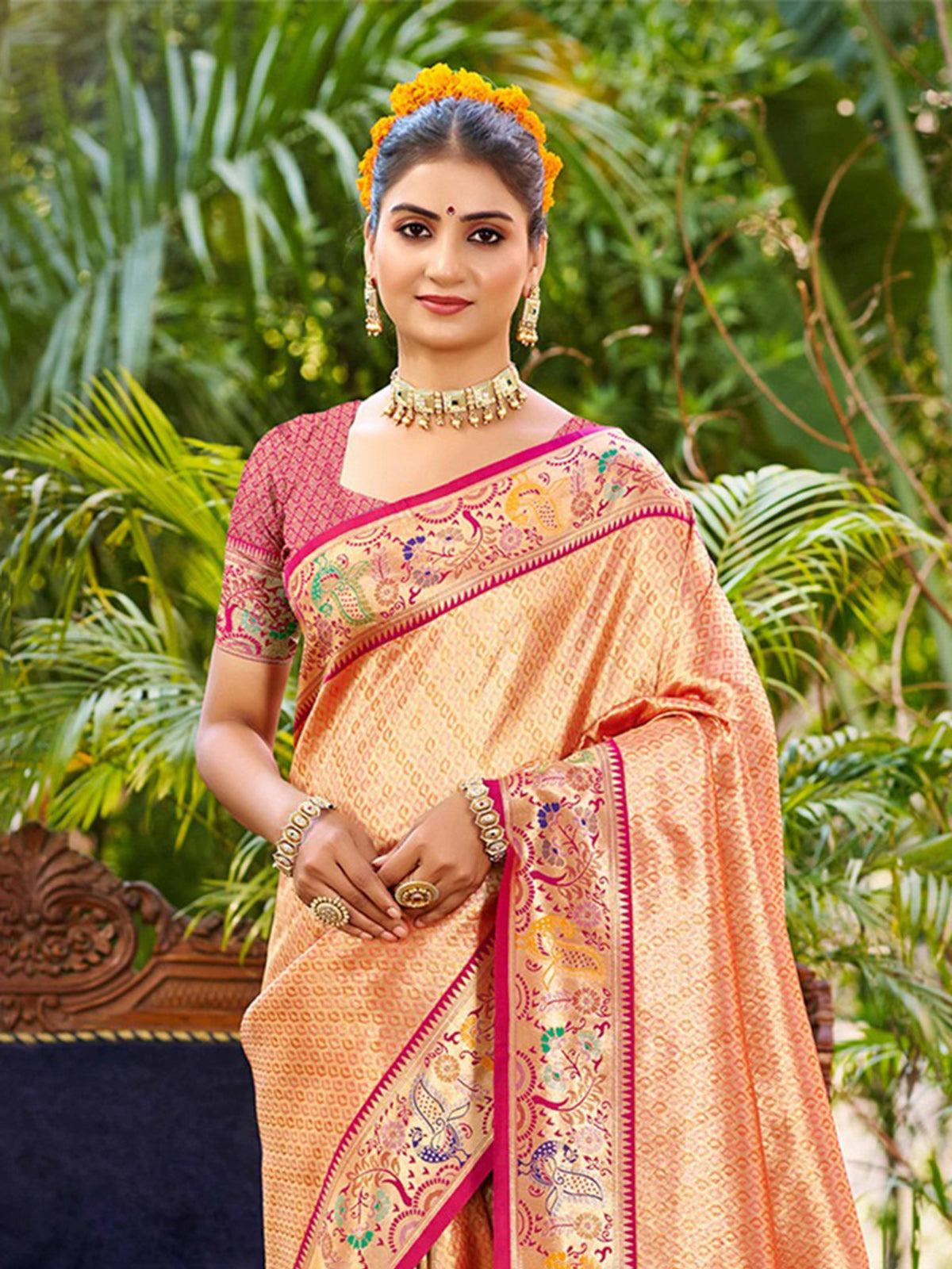 Enchanting pastel peach meenakari zari kanchan silk saree