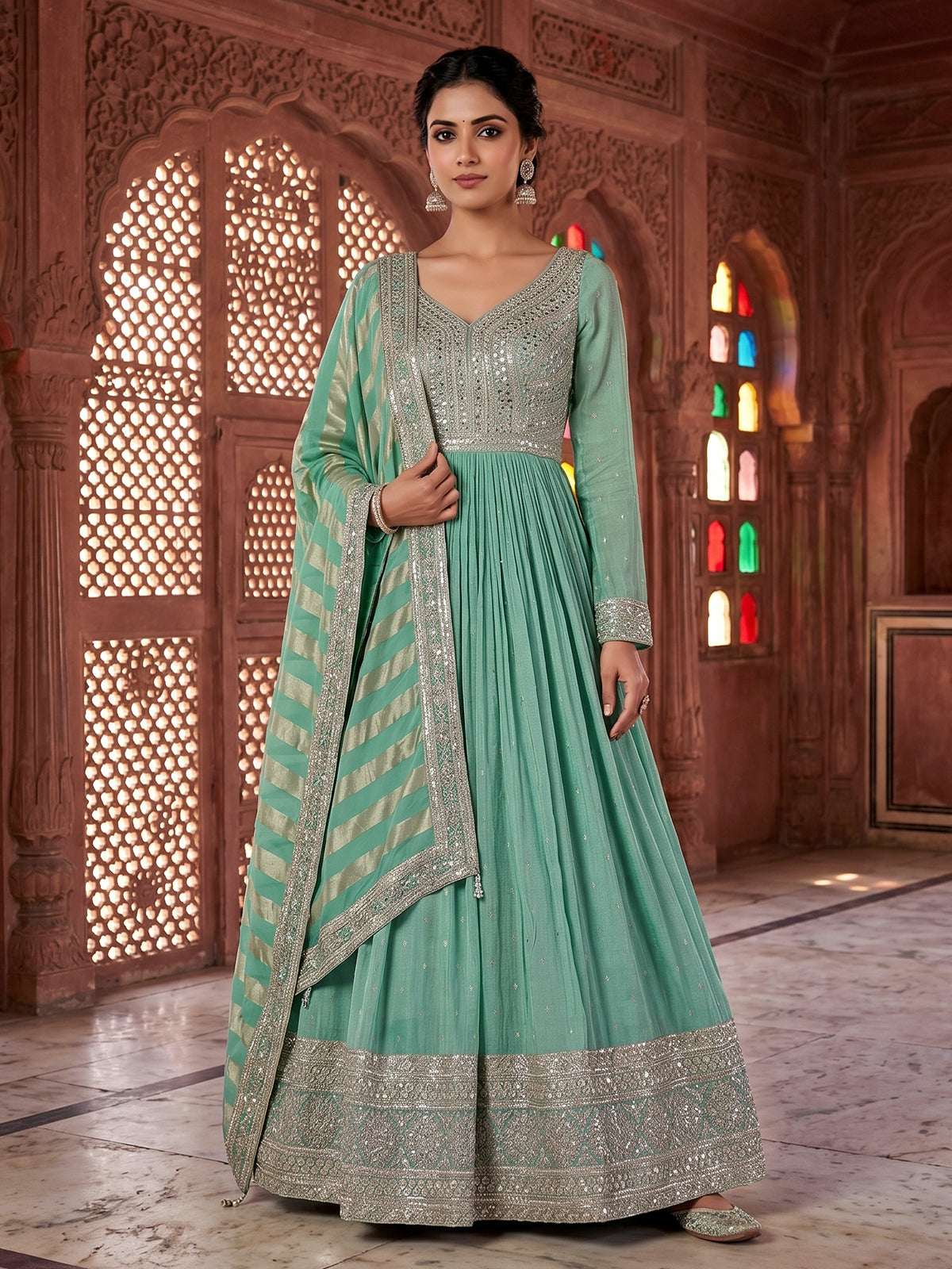 Sea green silk embellished anarkali suit with dupatta