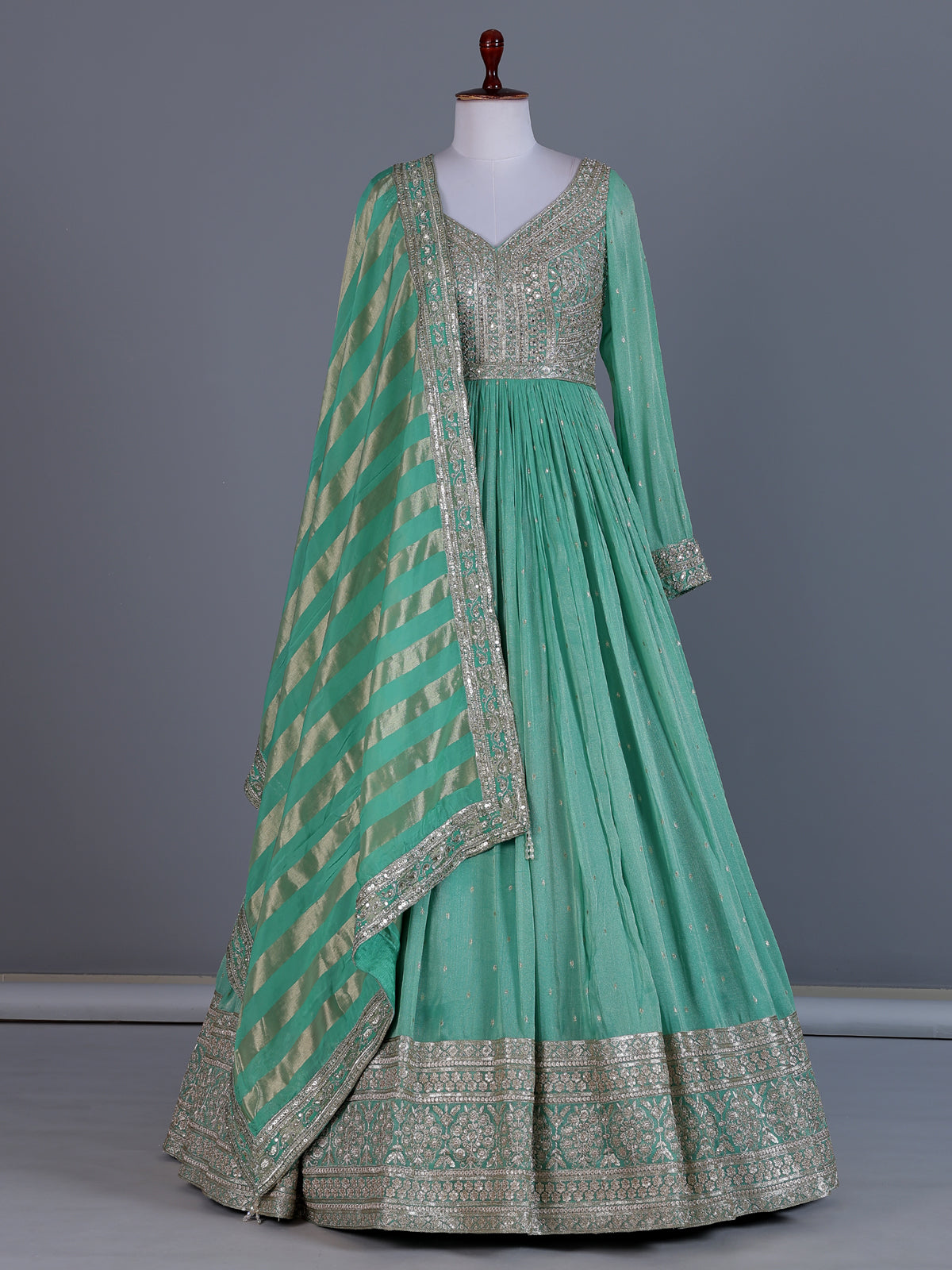 Sea green silk embellished anarkali suit with dupatta
