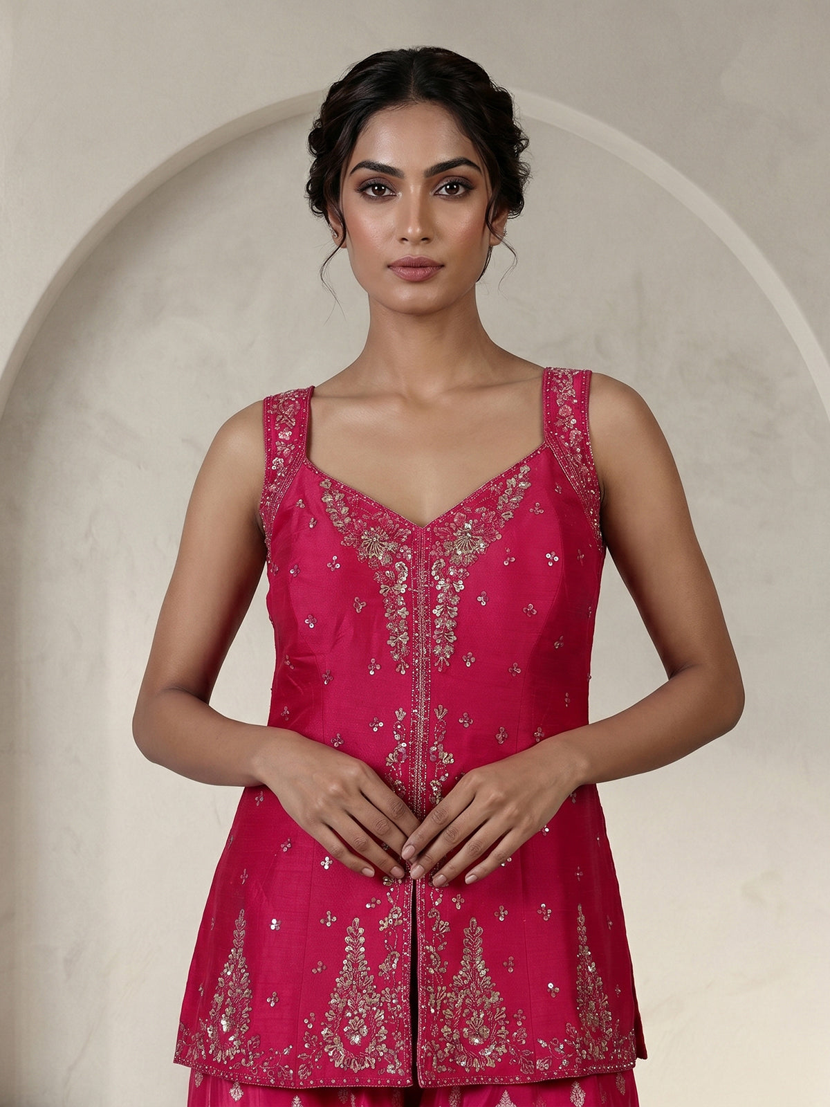 Rani pink silk palazzo suit with sweetheart neck