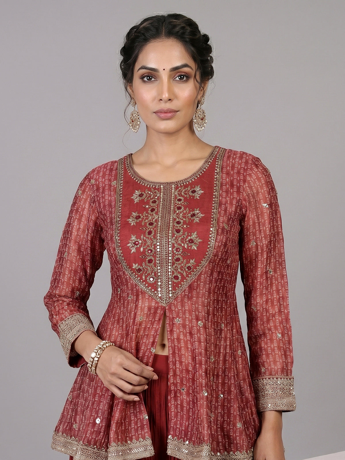 Maroon silk embroidered palazzo suit with printed dupatta