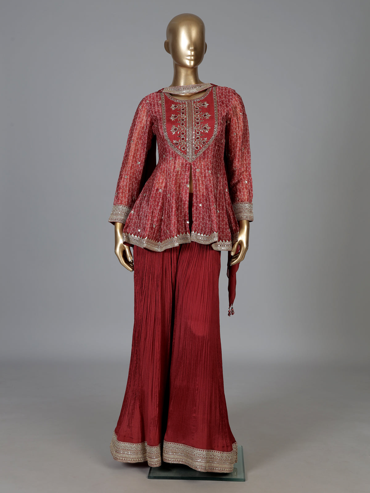 Maroon silk embroidered palazzo suit with printed dupatta