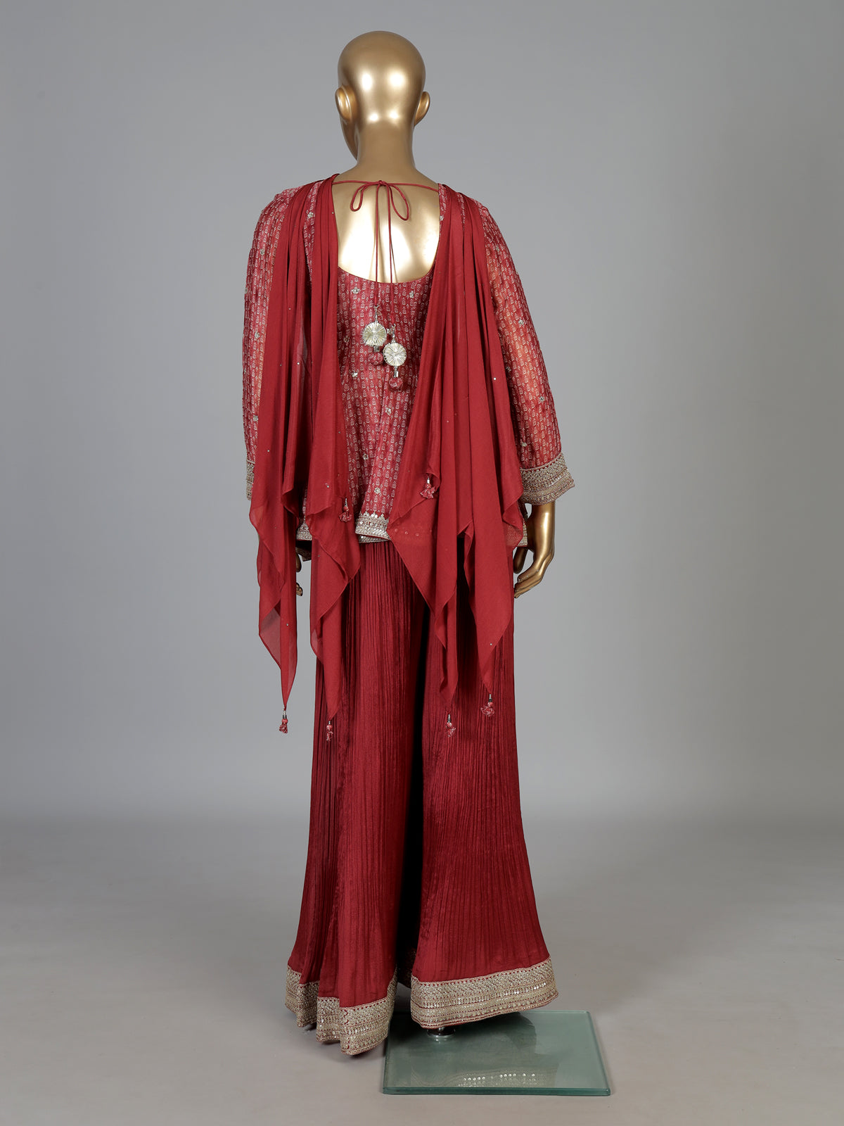 Maroon silk embroidered palazzo suit with printed dupatta