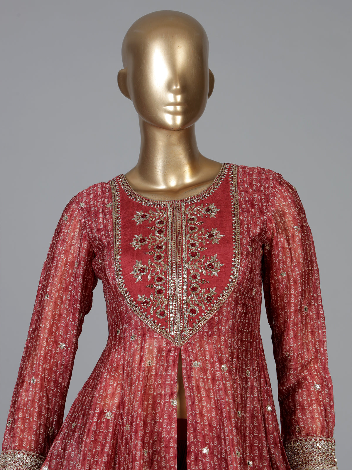 Maroon silk embroidered palazzo suit with printed dupatta