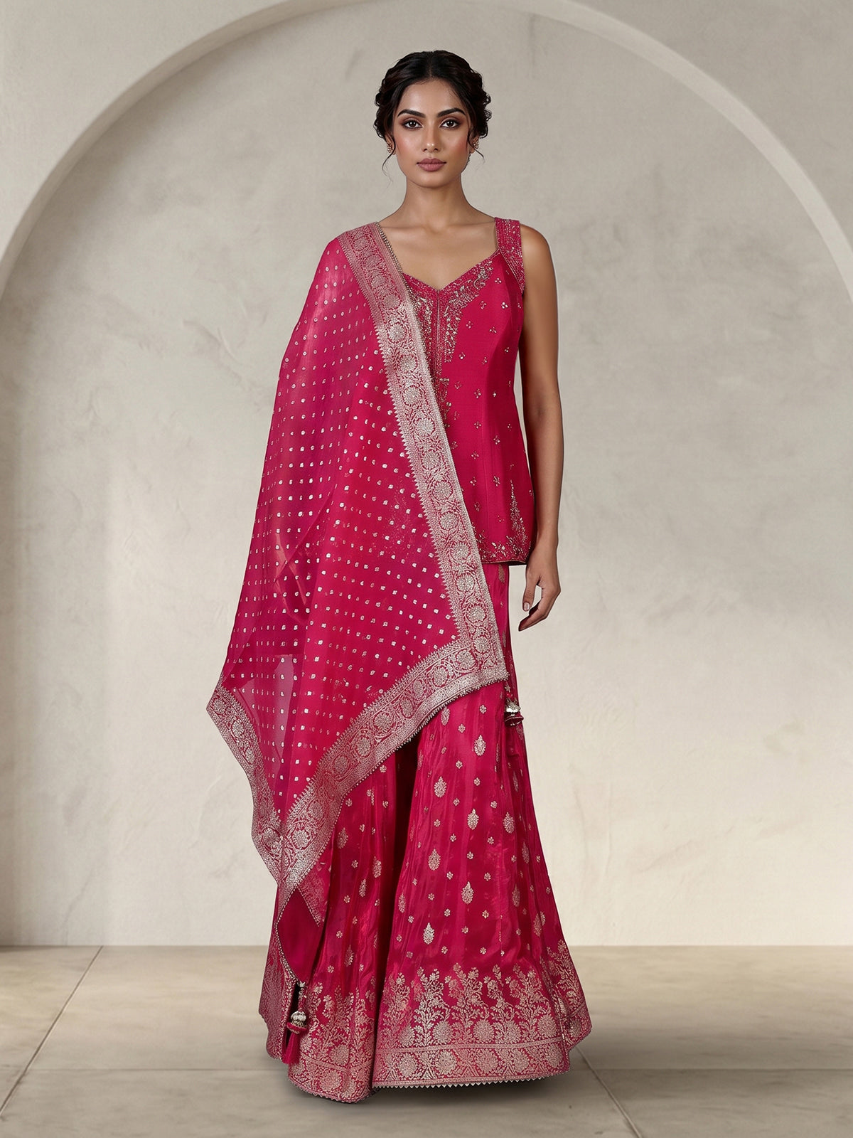 Rani pink silk palazzo suit with sweetheart neck